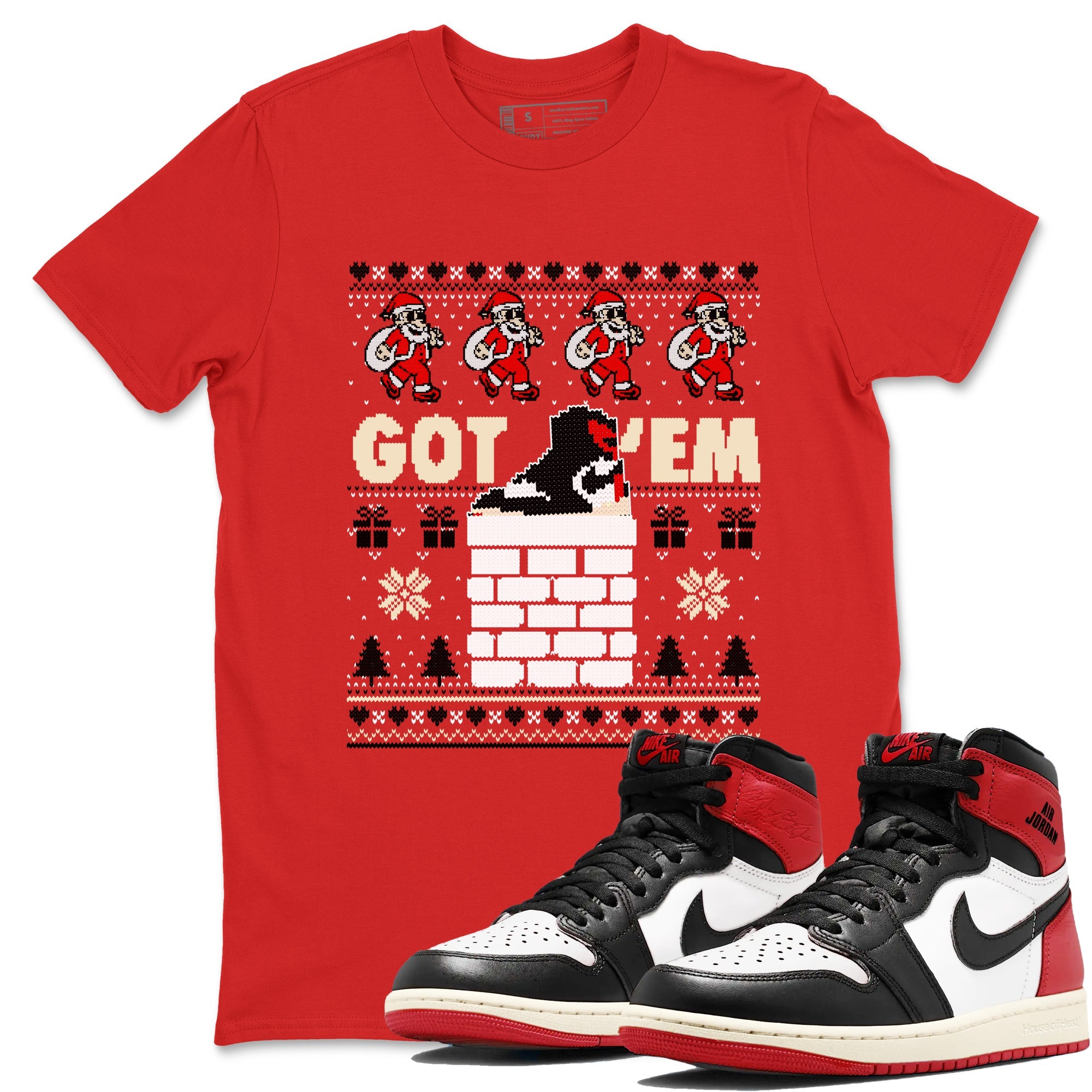 1s Retro High OG Black Toe Reimagined t-shirts to match sneakers Got'em Santa sneaker match tees Air Jordan 1 Black Toe Reimagined match shoes to clothes Drip Gear Zone unisex cotton Red 1 shirts