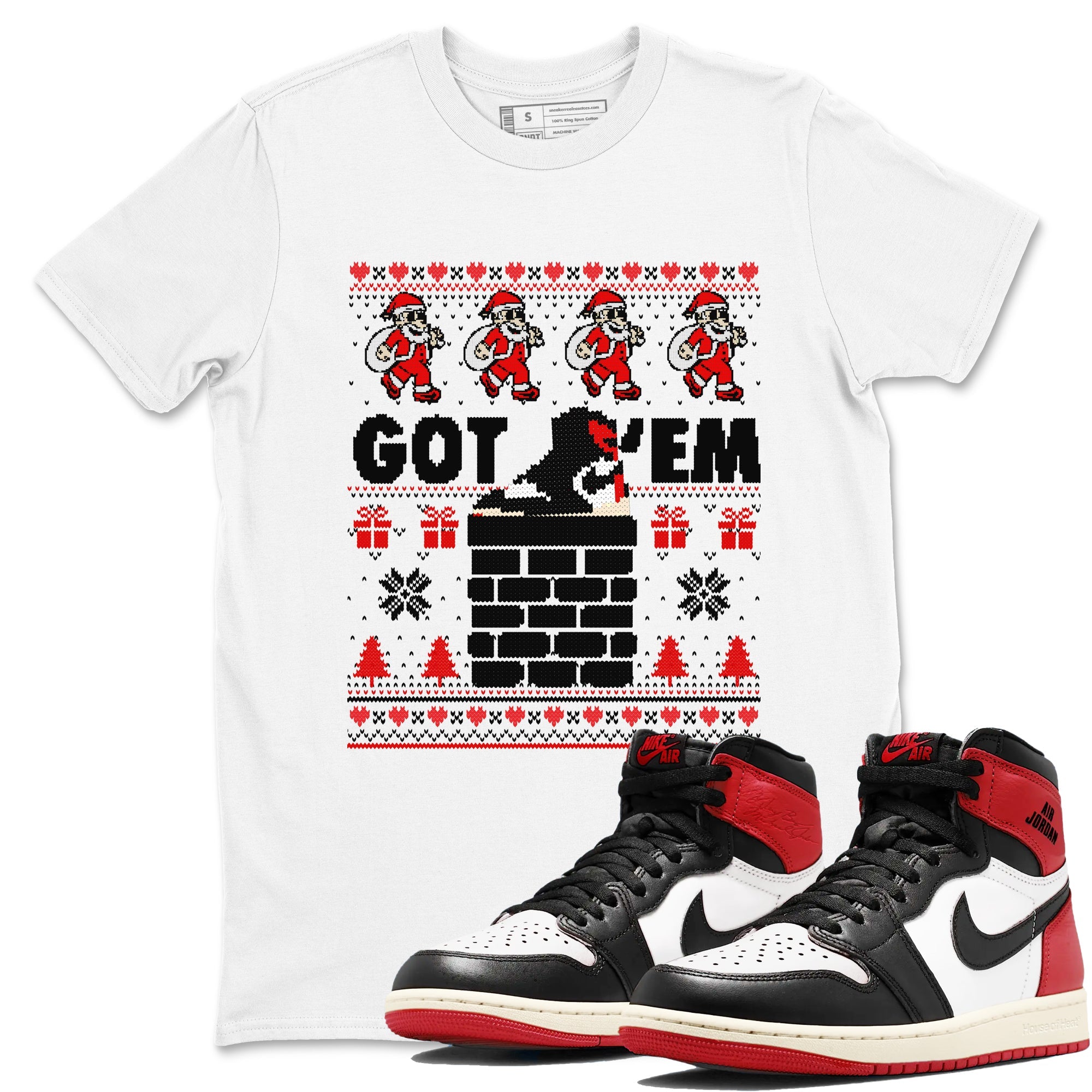 1s Retro High OG Black Toe Reimagined t-shirts to match sneakers Got'em Santa sneaker match tees Air Jordan 1 Black Toe Reimagined match shoes to clothes Drip Gear Zone unisex cotton White 1 shirts