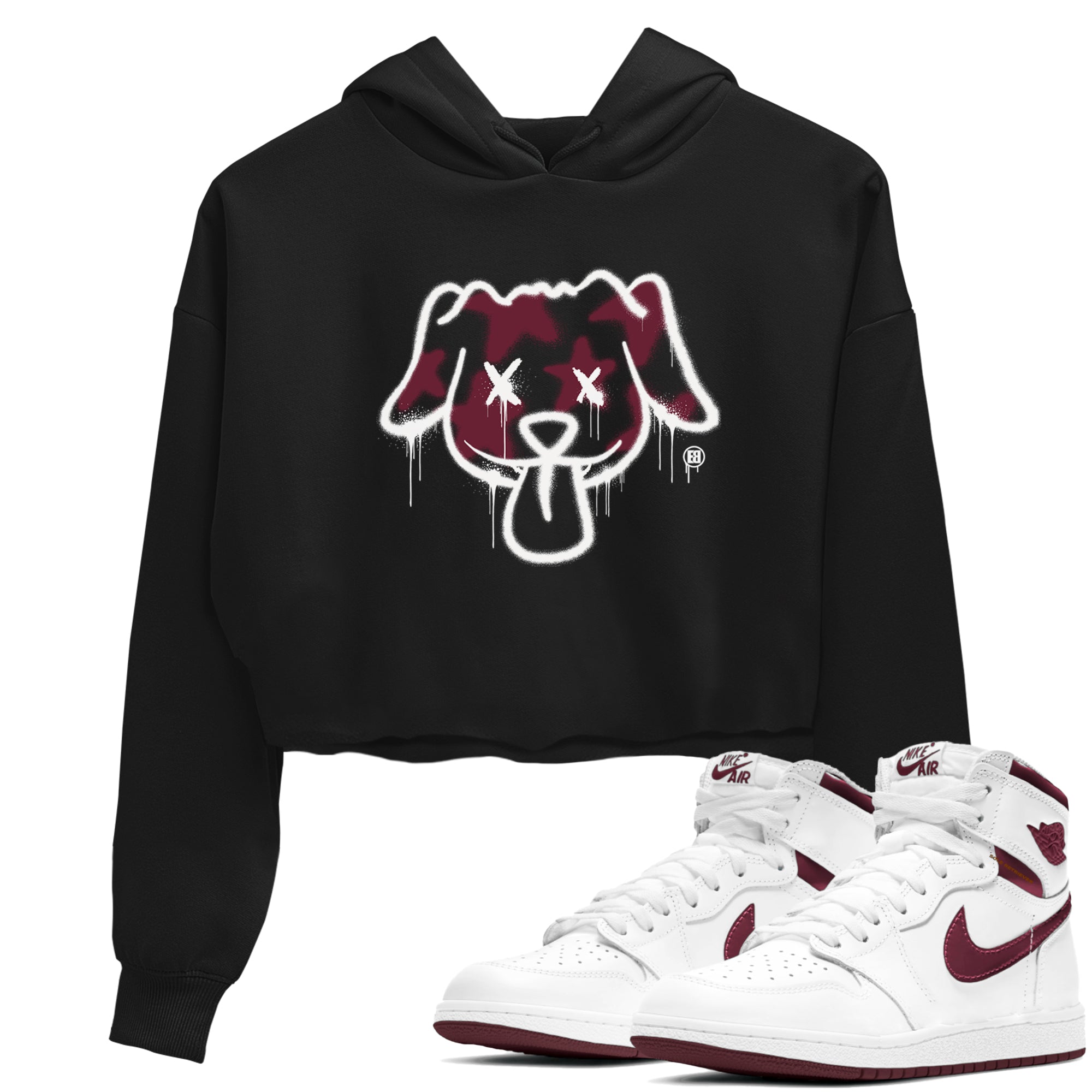 Air Jordan 1 High OG Metallic Burgundy shirts to match jordans Graffiti Dog sneaker match tees Air Jordan 1 Metallic Burgundy Drip Gear Zone streetwear brand Black 1 crop tee