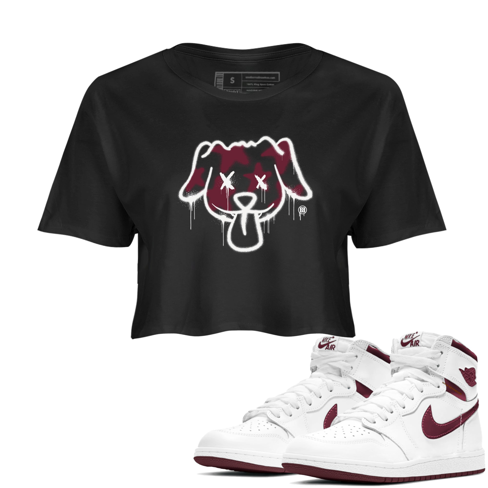 Air Jordan 1 High OG Metallic Burgundy shirts to match jordans Graffiti Dog sneaker match tees Air Jordan 1 Metallic Burgundy Drip Gear Zone streetwear brand Black 1 crop tee