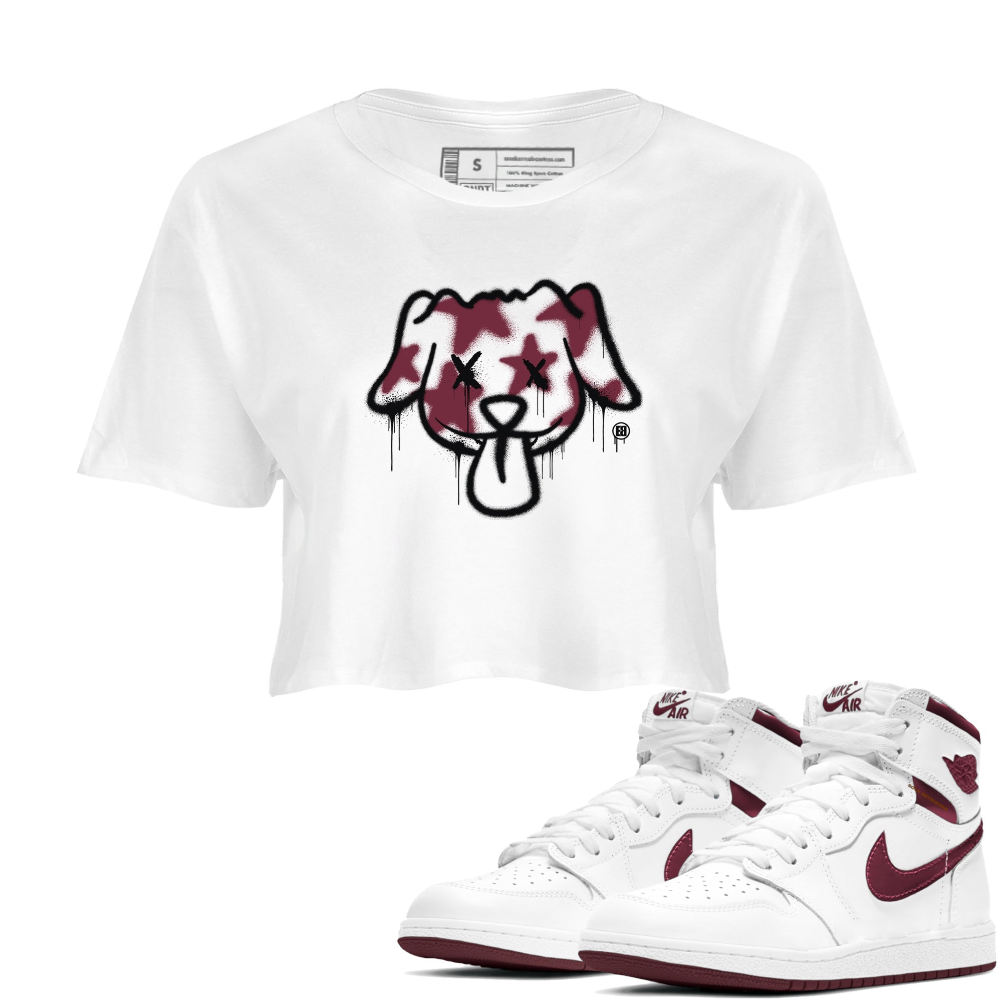 Air Jordan 1 High OG Metallic Burgundy shirts to match jordans Graffiti Dog sneaker match tees Air Jordan 1 Metallic Burgundy Drip Gear Zone streetwear brand White 1 crop tee
