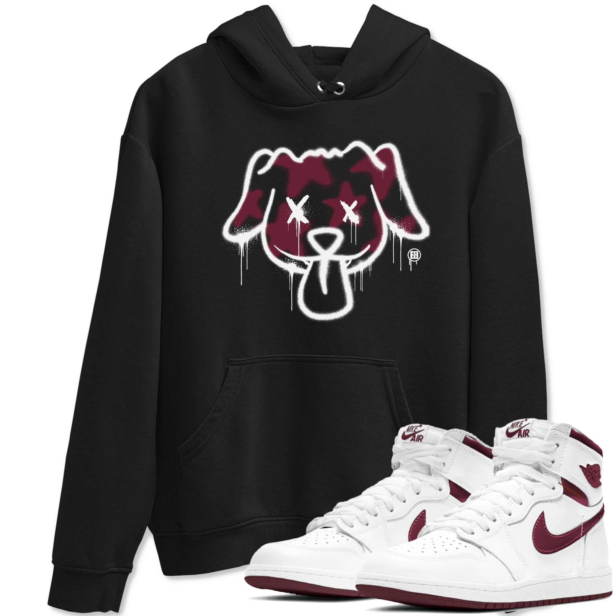 Air Jordan 1 High OG Metallic Burgundy shirts to match jordans Graffiti Dog sneaker match tees Air Jordan 1 Metallic Burgundy Drip Gear Zone streetwear brand Black 1 unisex cotton tee