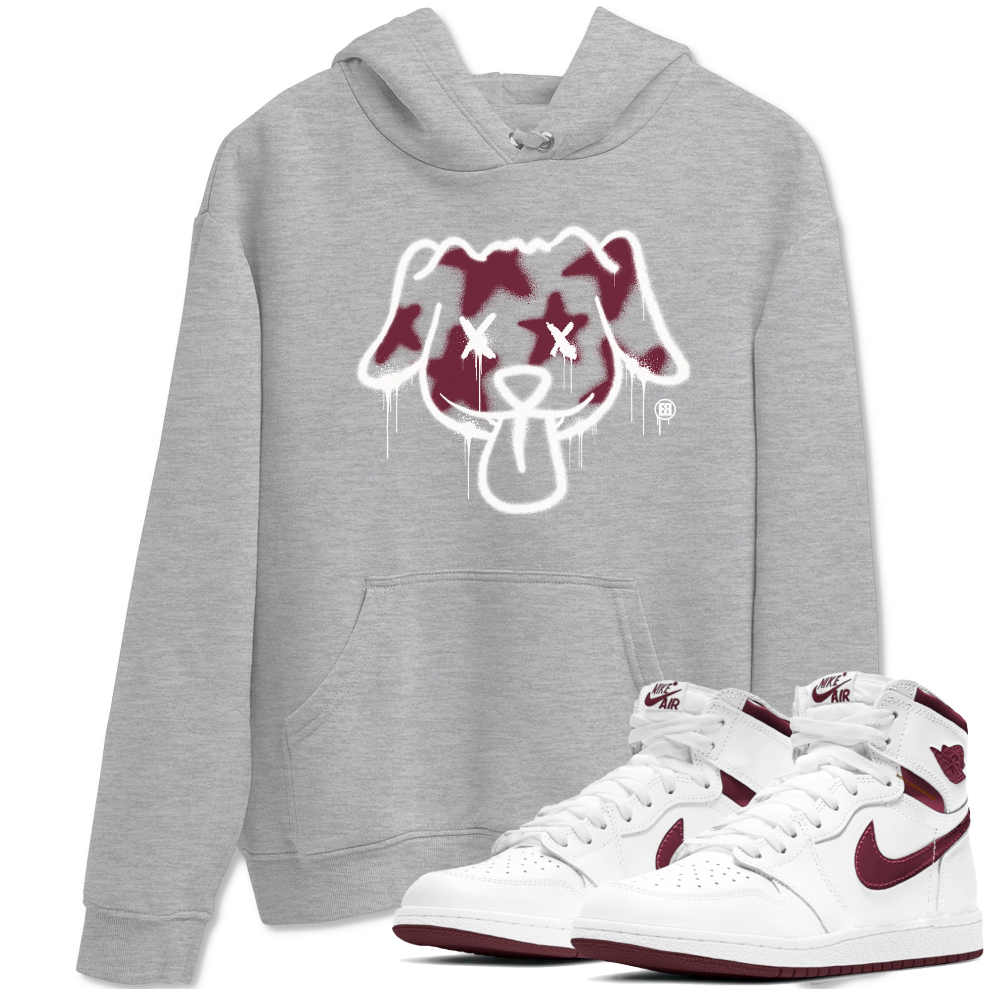 Air Jordan 1 High OG Metallic Burgundy shirts to match jordans Graffiti Dog sneaker match tees Air Jordan 1 Metallic Burgundy Drip Gear Zone streetwear brand Heather Grey 1 unisex cotton tee