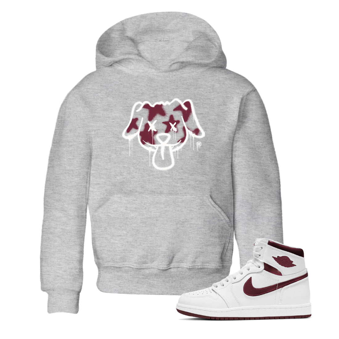 Air Jordan 1 High OG Metallic Burgundy shirts to match jordans Graffiti Dog sneaker match tees Air Jordan 1 Metallic Burgundy Drip Gear Zone streetwear brand Baby and Youth Heather Grey 1 cotton tee