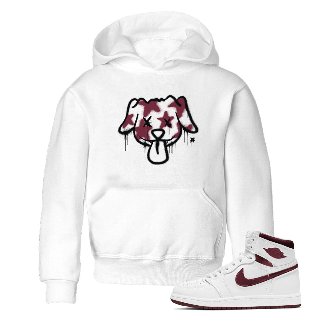 Air Jordan 1 High OG Metallic Burgundy shirts to match jordans Graffiti Dog sneaker match tees Air Jordan 1 Metallic Burgundy Drip Gear Zone streetwear brand Baby and Youth White 1 cotton tee