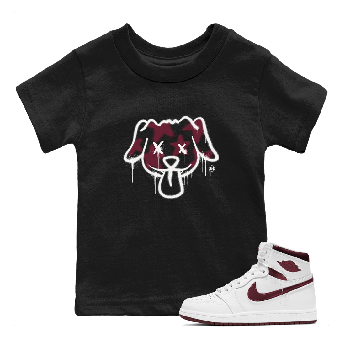 Air Jordan 1 High OG Metallic Burgundy shirts to match jordans Graffiti Dog sneaker match tees Air Jordan 1 Metallic Burgundy Drip Gear Zone streetwear brand Baby and Youth Black 1 cotton tee