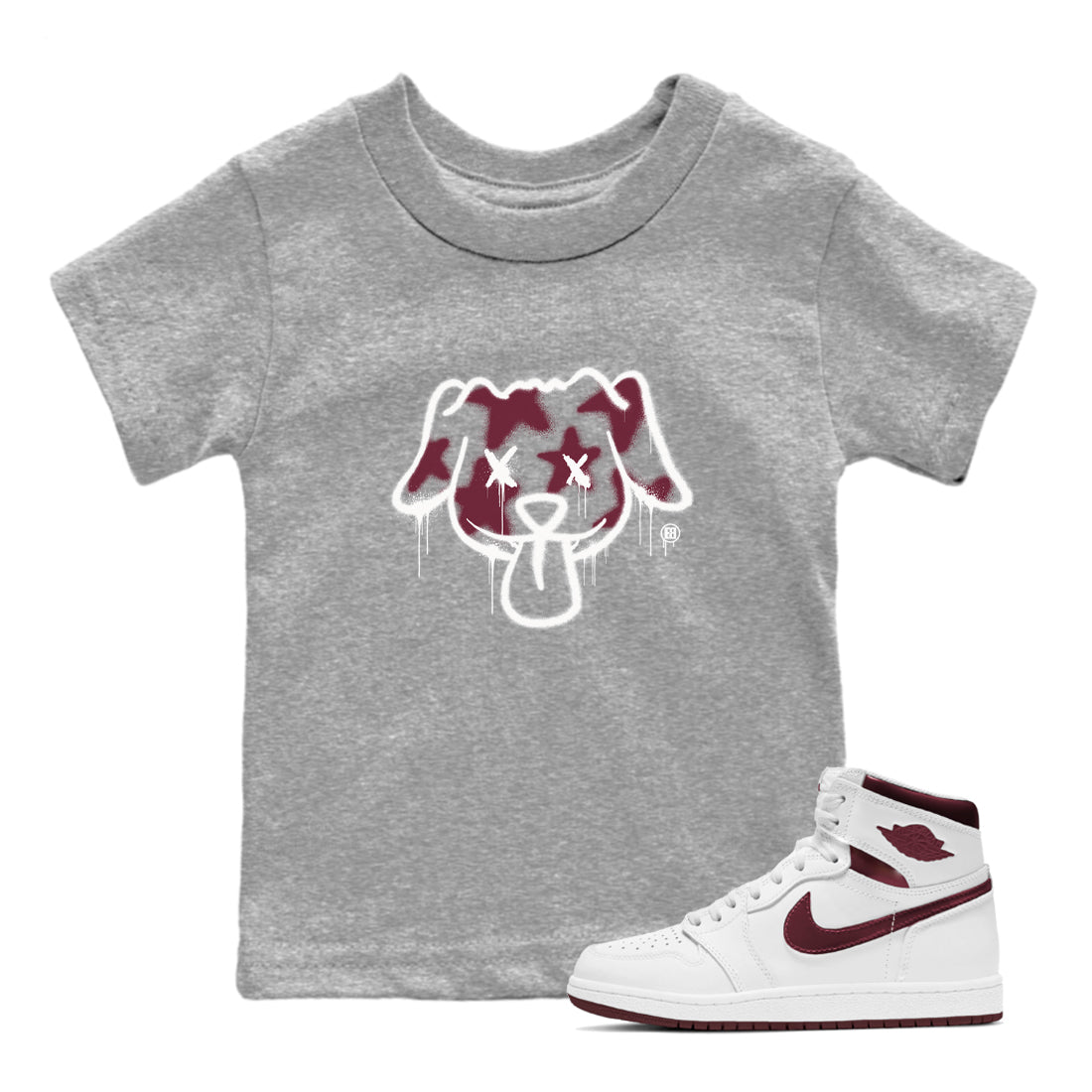 Air Jordan 1 High OG Metallic Burgundy shirts to match jordans Graffiti Dog sneaker match tees Air Jordan 1 Metallic Burgundy Drip Gear Zone streetwear brand Baby and Youth Heather Grey 1 cotton tee