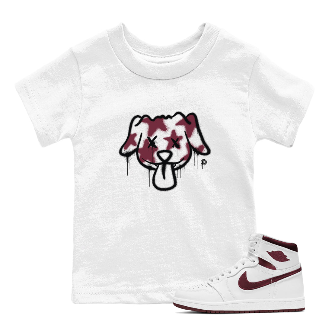 Air Jordan 1 High OG Metallic Burgundy shirts to match jordans Graffiti Dog sneaker match tees Air Jordan 1 Metallic Burgundy Drip Gear Zone streetwear brand Baby and Youth White 1 cotton tee