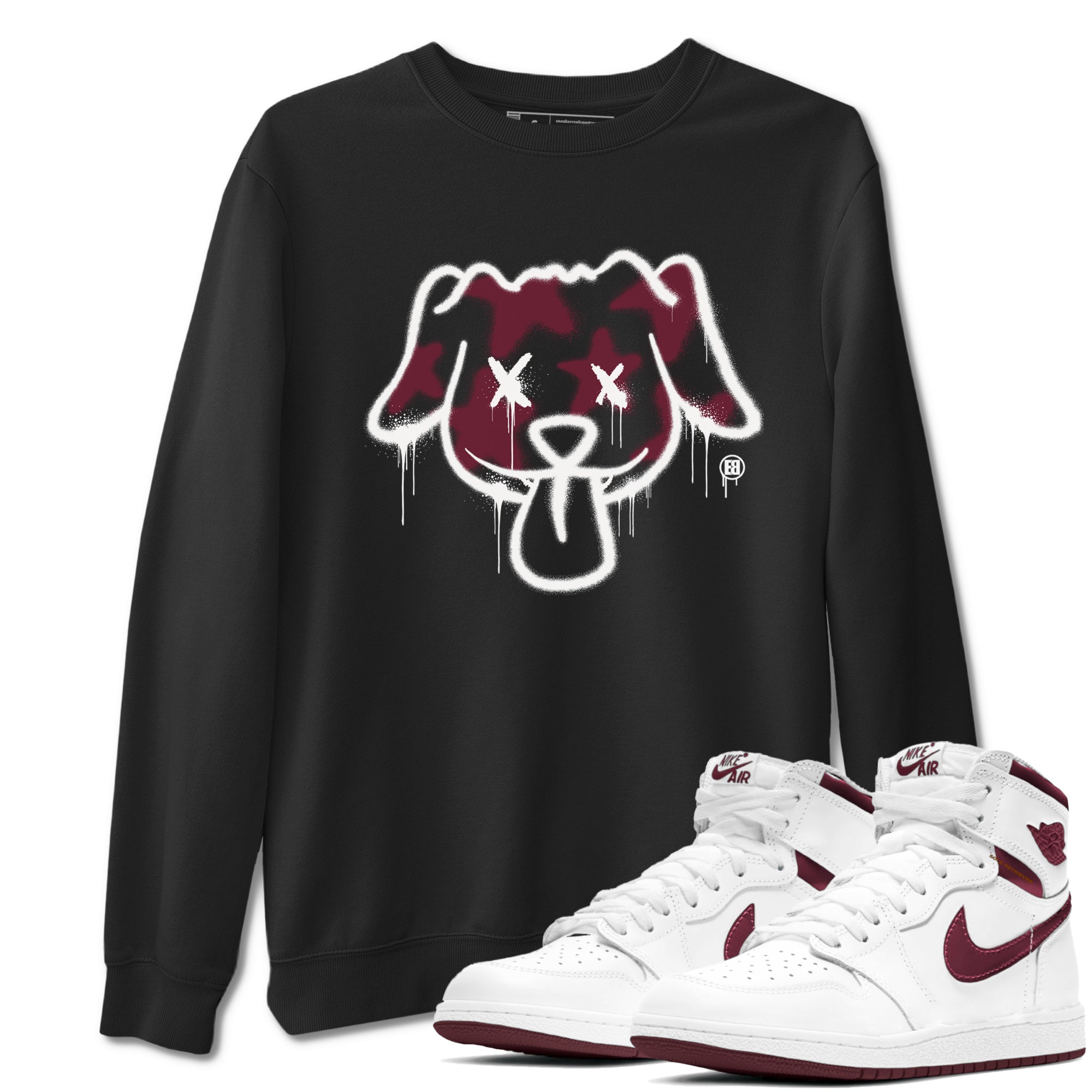 Air Jordan 1 High OG Metallic Burgundy shirts to match jordans Graffiti Dog sneaker match tees Air Jordan 1 Metallic Burgundy Drip Gear Zone streetwear brand Black 1 unisex cotton tee