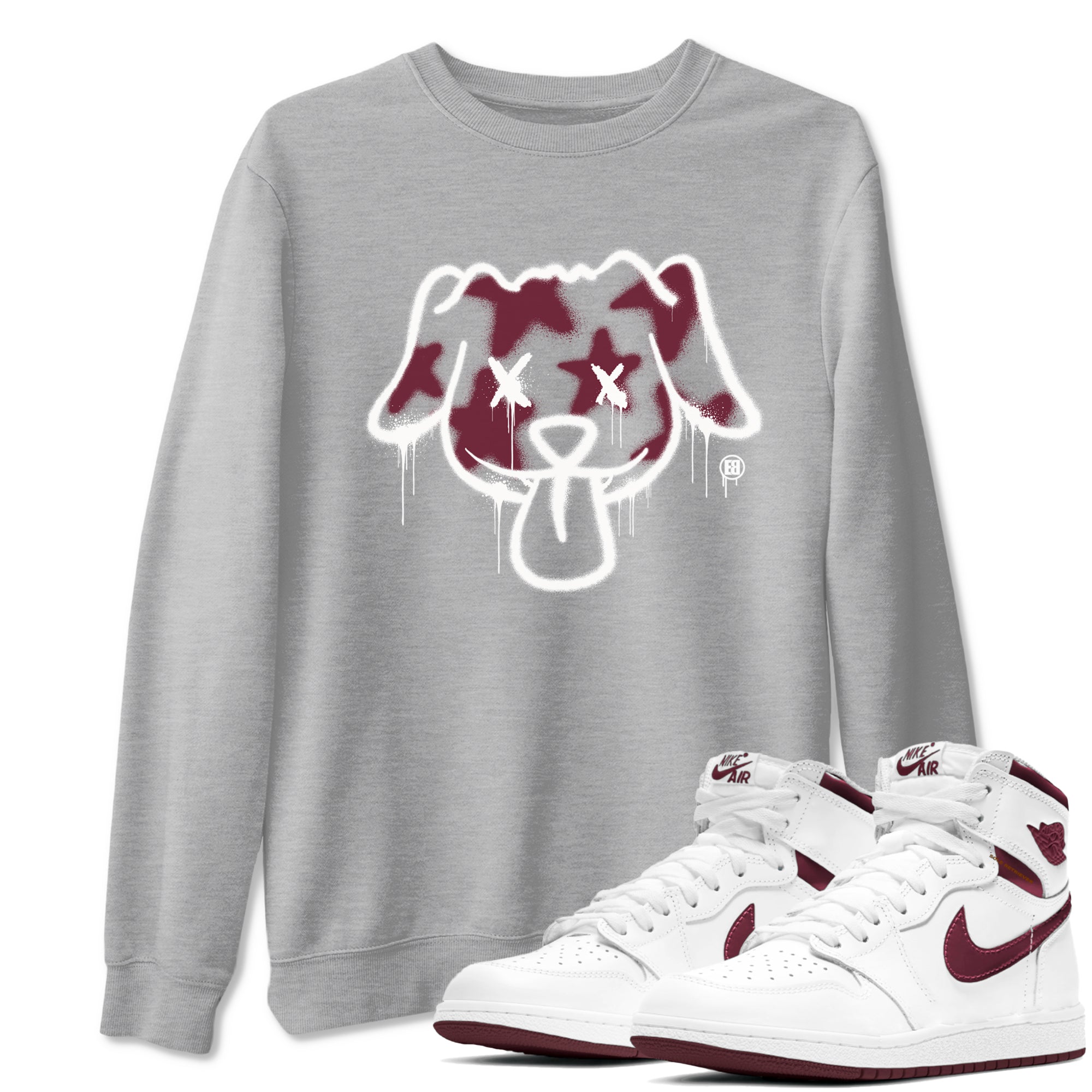 Air Jordan 1 High OG Metallic Burgundy shirts to match jordans Graffiti Dog sneaker match tees Air Jordan 1 Metallic Burgundy Drip Gear Zone streetwear brand Heather Grey 1 unisex cotton tee