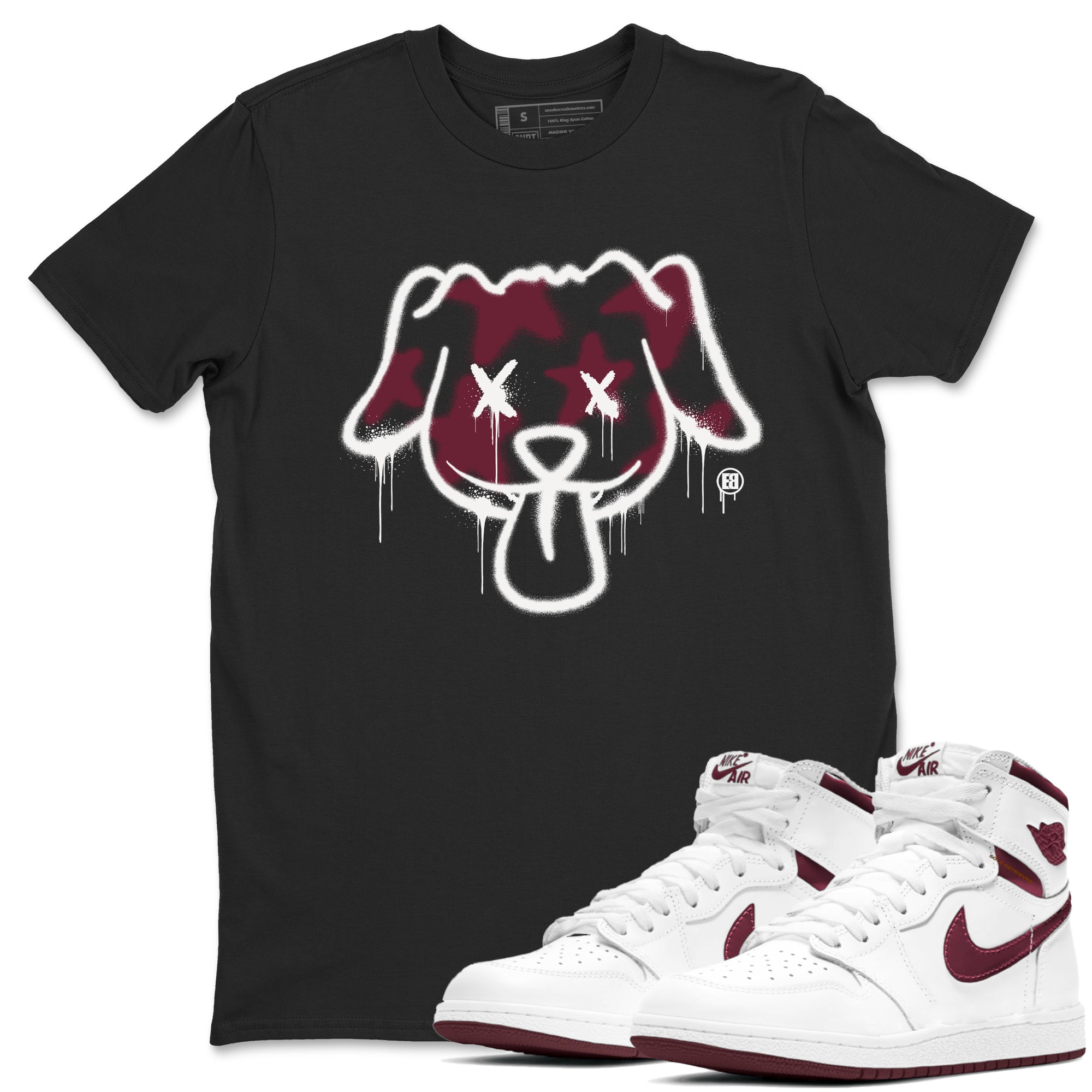 Air Jordan 1 High OG Metallic Burgundy shirts to match jordans Graffiti Dog sneaker match tees Air Jordan 1 Metallic Burgundy Drip Gear Zone streetwear brand Black 1 unisex cotton tee