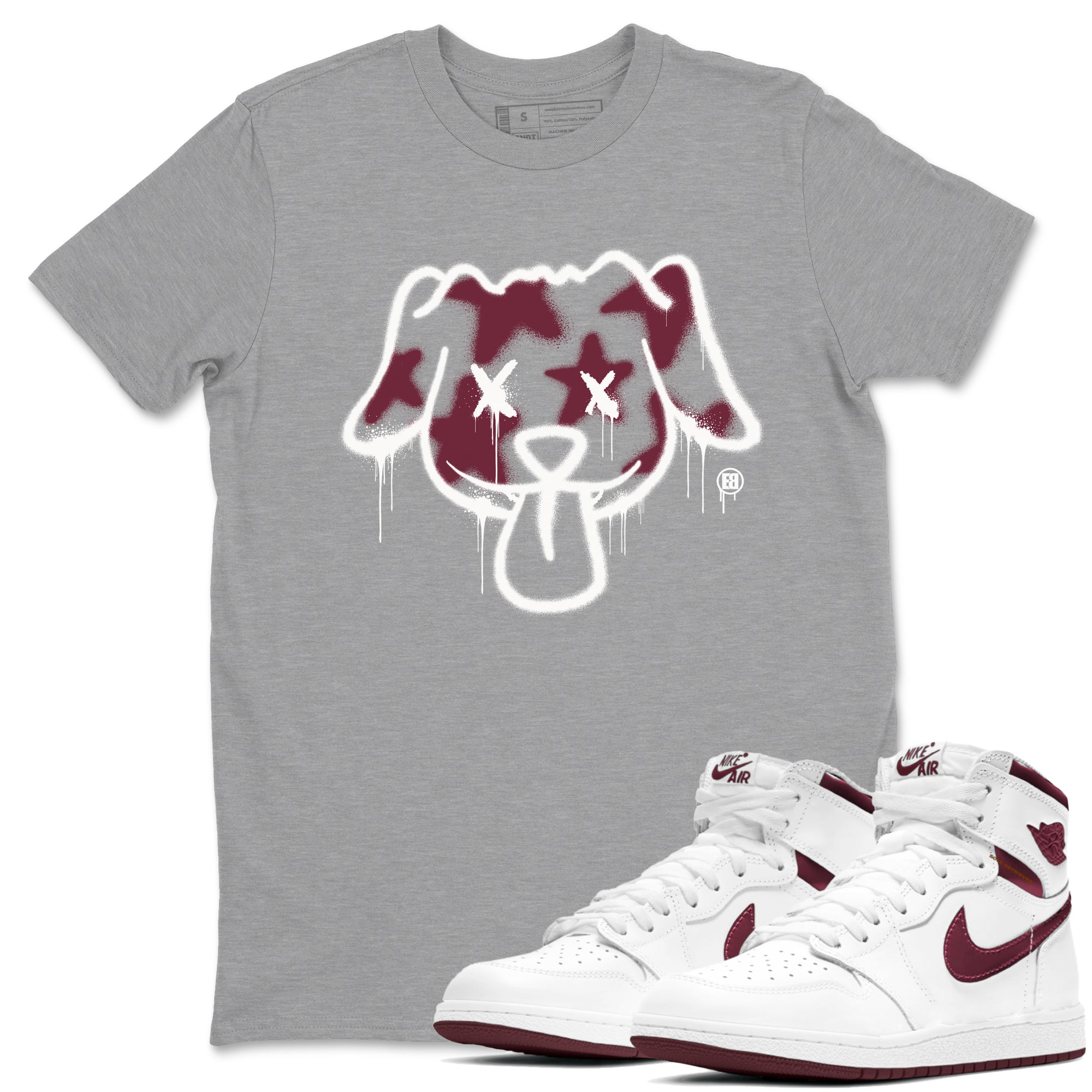 Air Jordan 1 High OG Metallic Burgundy shirts to match jordans Graffiti Dog sneaker match tees Air Jordan 1 Metallic Burgundy Drip Gear Zone streetwear brand Heather Grey 1 unisex cotton tee