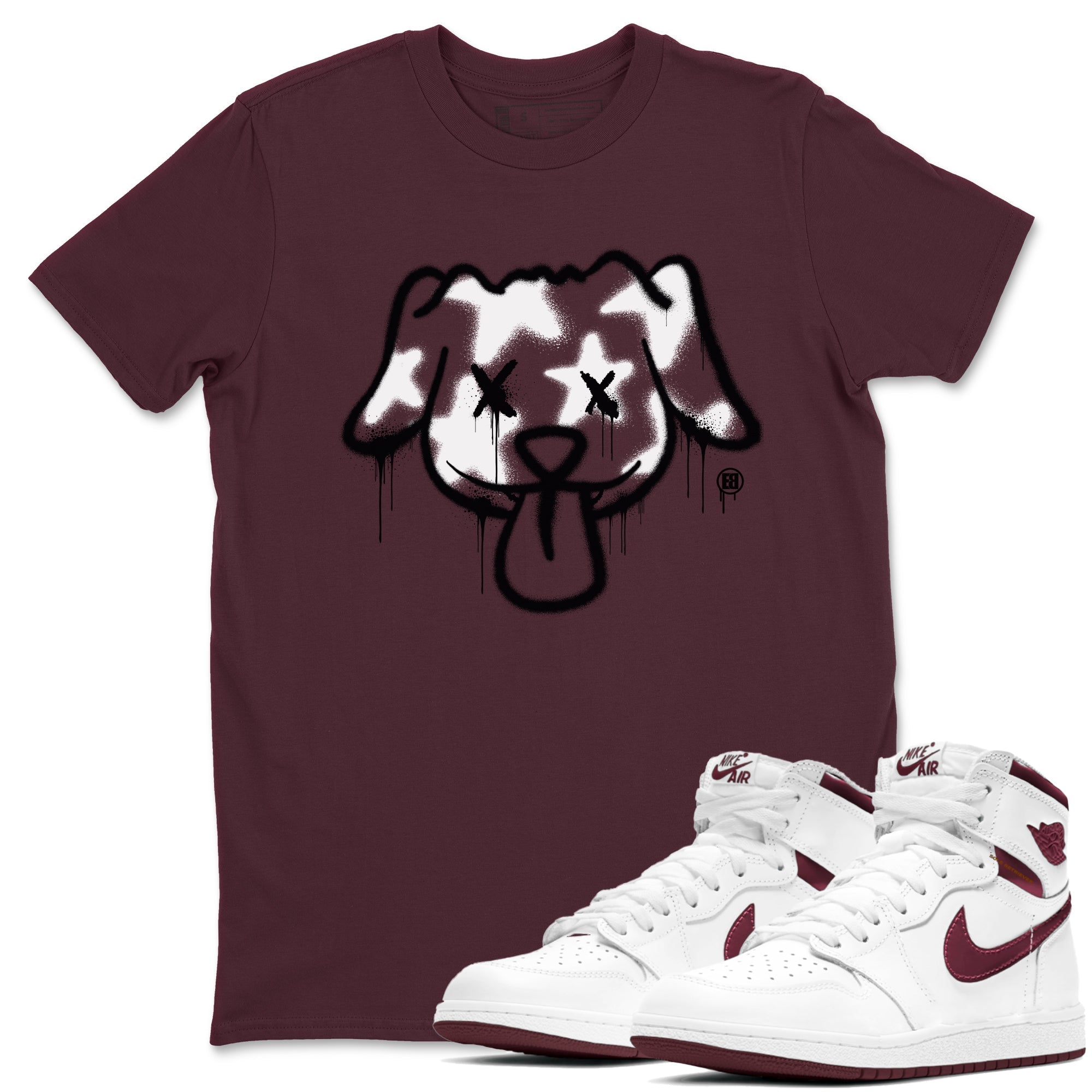 Air Jordan 1 High OG Metallic Burgundy shirts to match jordans Graffiti Dog sneaker match tees Air Jordan 1 Metallic Burgundy Drip Gear Zone streetwear brand Maroon 1 unisex cotton tee