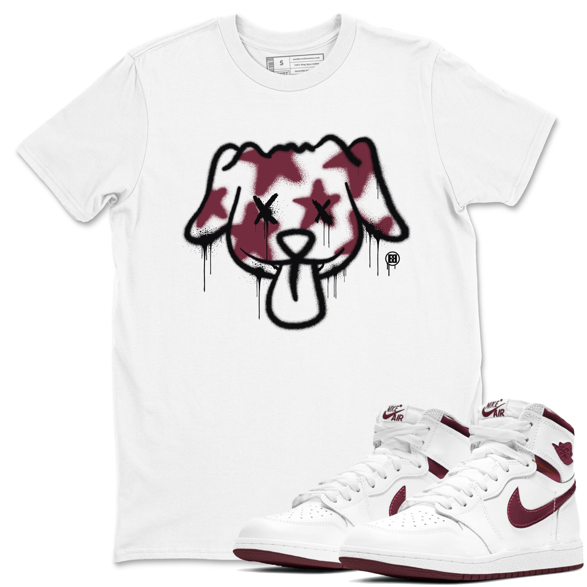 Air Jordan 1 High OG Metallic Burgundy shirts to match jordans Graffiti Dog sneaker match tees Air Jordan 1 Metallic Burgundy Drip Gear Zone streetwear brand White 1 unisex cotton tee