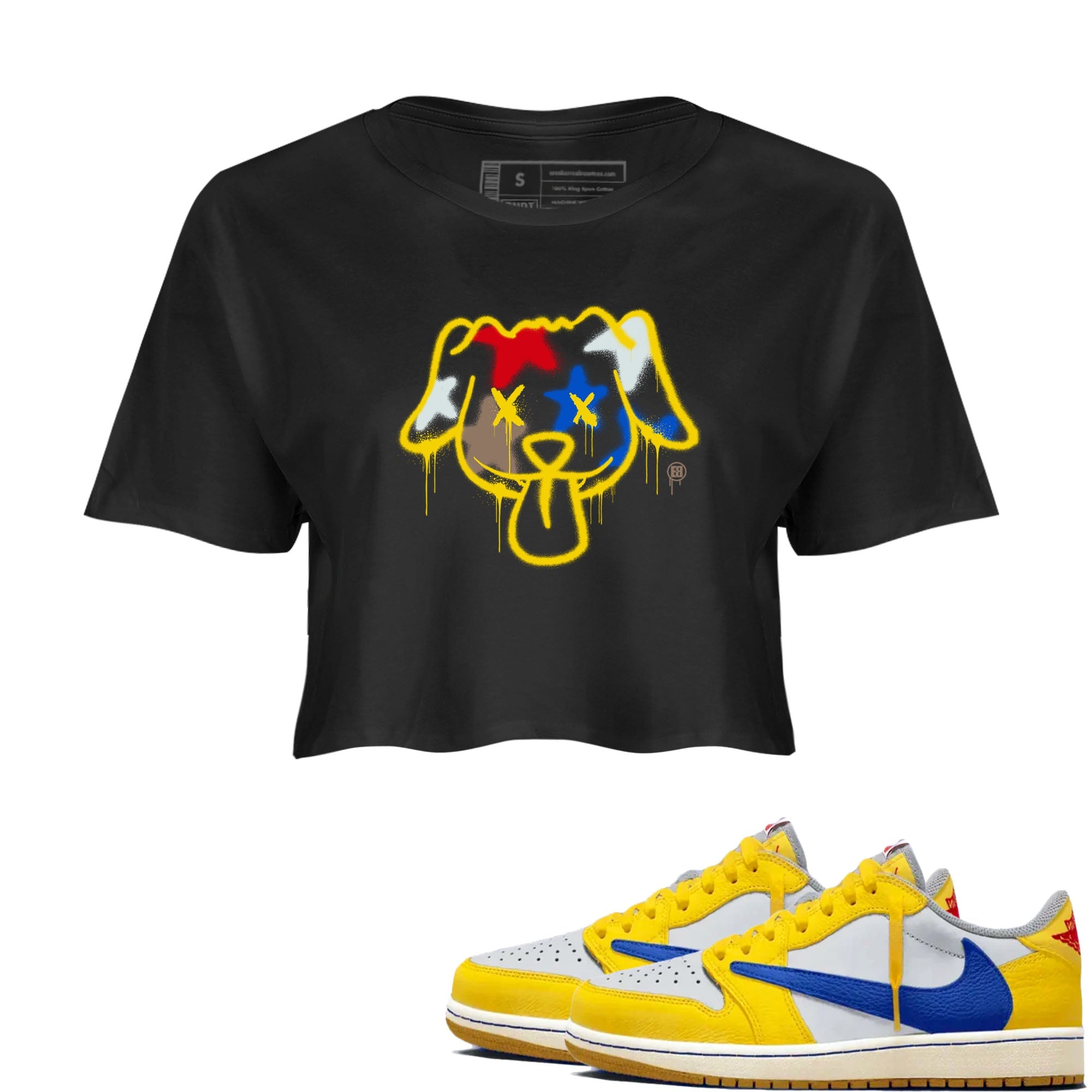 AJ1 Travis Scott Canary shirt to match jordans Graffiti Dog sneaker tees Air Jordan 1 Travis Scott Canary Drip Gear Zone Black 1 crop length shirt