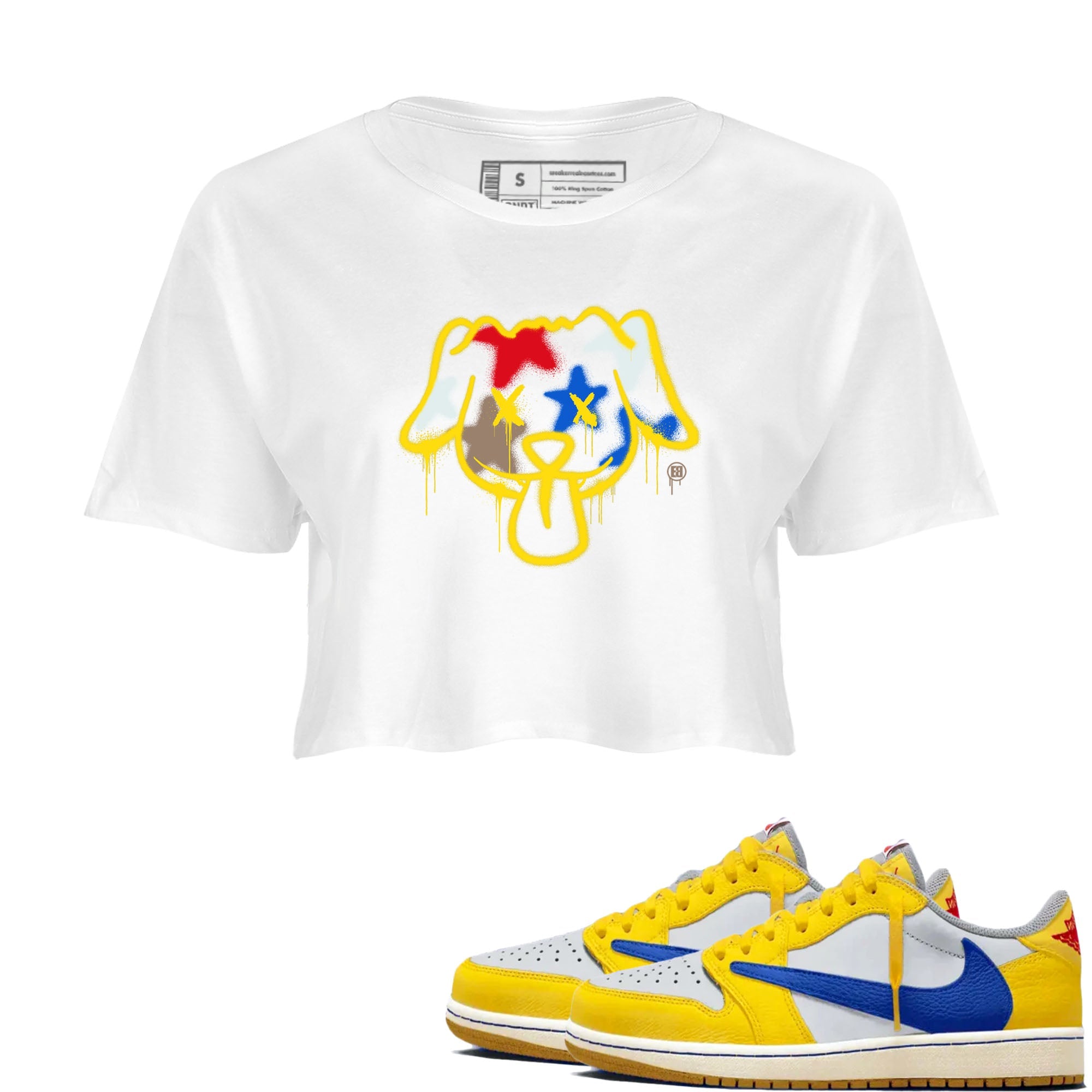 AJ1 Travis Scott Canary shirt to match jordans Graffiti Dog sneaker tees Air Jordan 1 Travis Scott Canary Drip Gear Zone White 1 crop length shirt