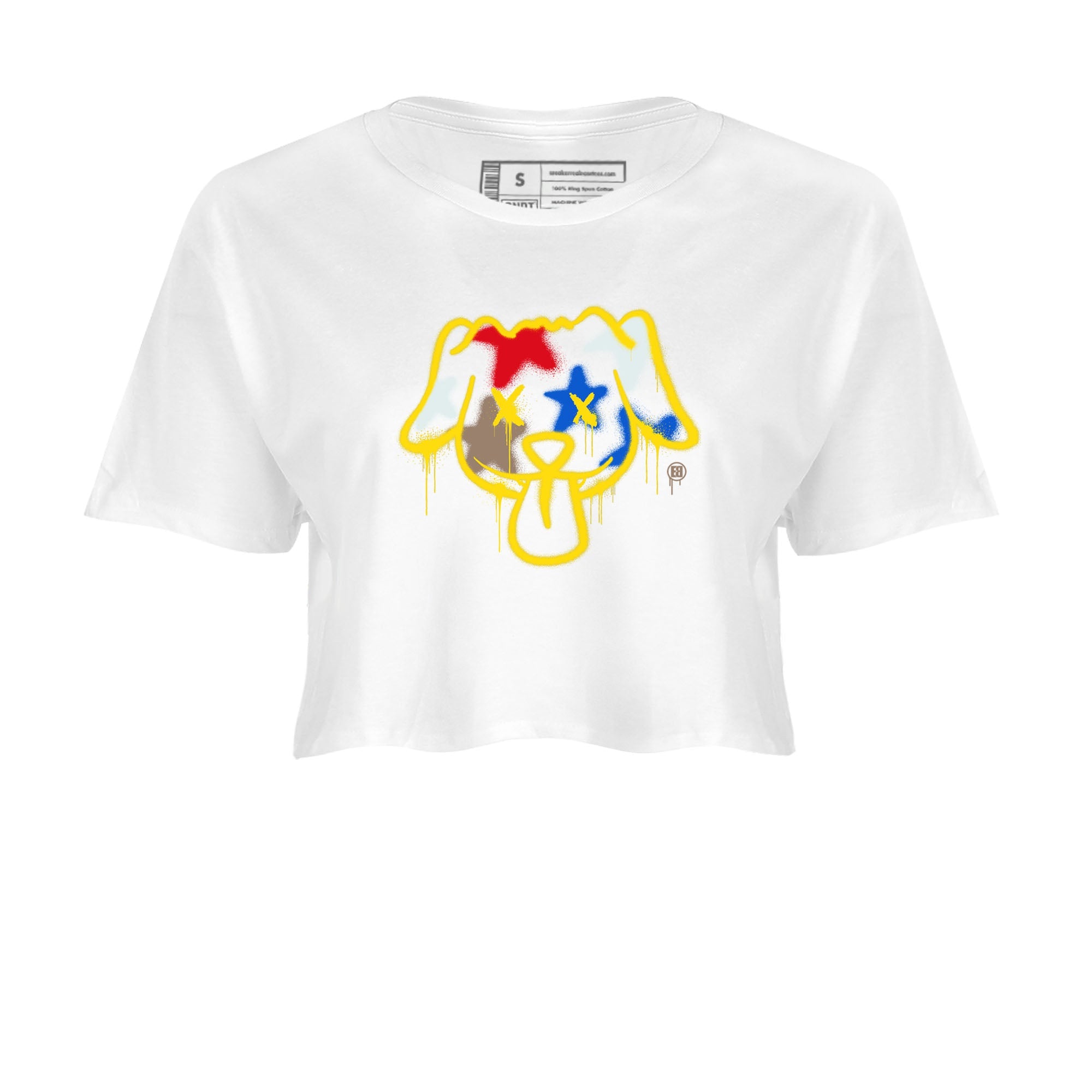 AJ1 Travis Scott Canary shirt to match jordans Graffiti Dog sneaker tees Air Jordan 1 Travis Scott Canary Drip Gear Zone White 2 crop length shirt