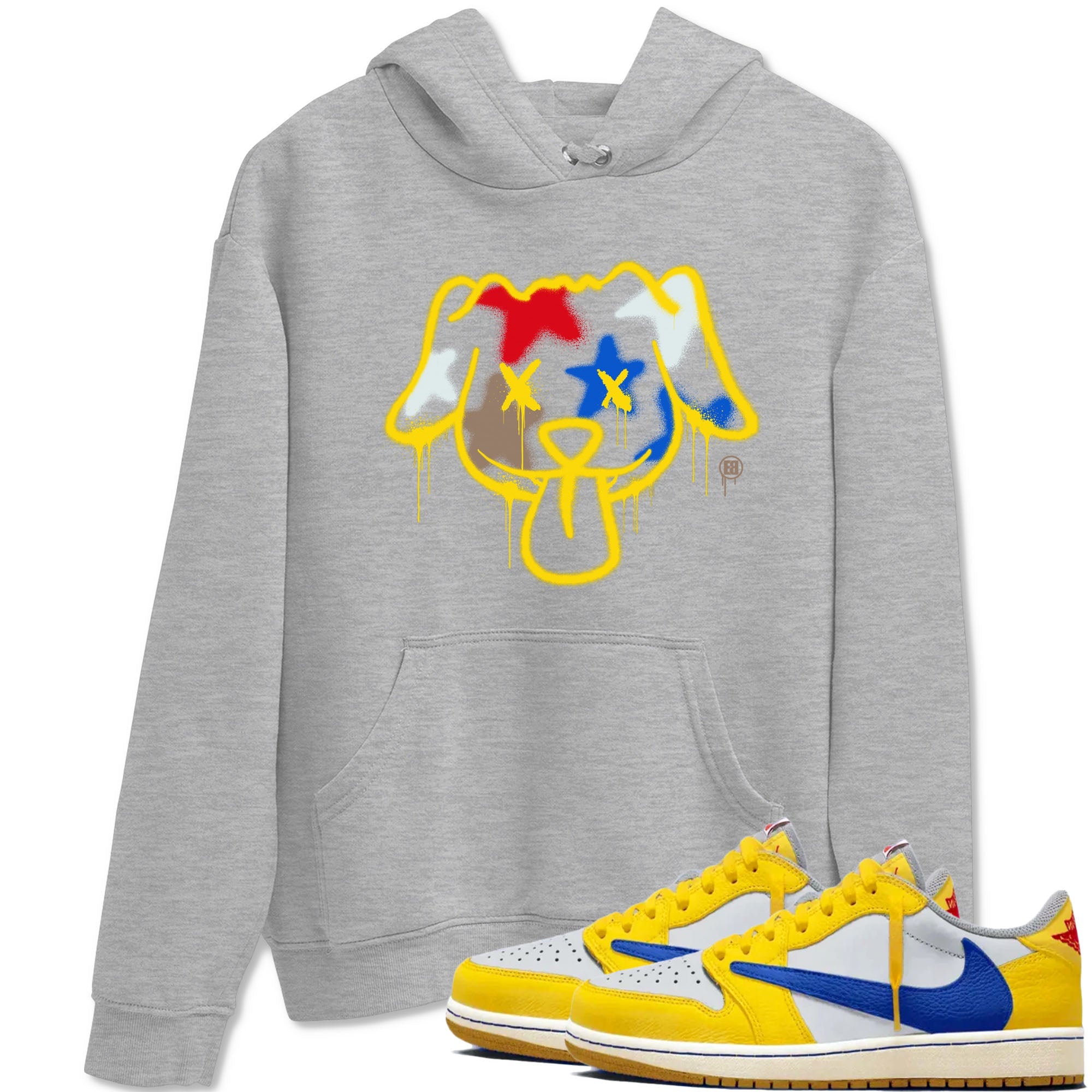 AJ1 Travis Scott Canary shirt to match jordans Graffiti Dog sneaker tees Air Jordan 1 Travis Scott Canary Drip Gear Zone unisex cotton Heather Grey 1 crew neck shirt