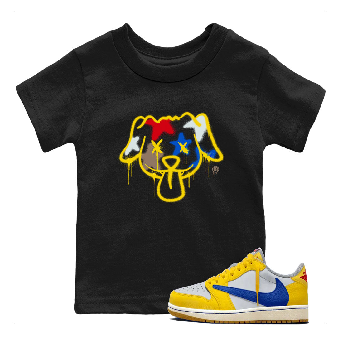 AJ1 Travis Scott Canary shirt to match jordans Graffiti Dog sneaker tees Air Jordan 1 Travis Scott Canary Drip Gear Zone baby toddler Black 1 cotton Shirt