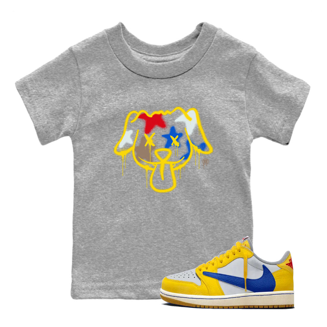 AJ1 Travis Scott Canary shirt to match jordans Graffiti Dog sneaker tees Air Jordan 1 Travis Scott Canary Drip Gear Zone baby toddler Heather Grey 1 cotton Shirt
