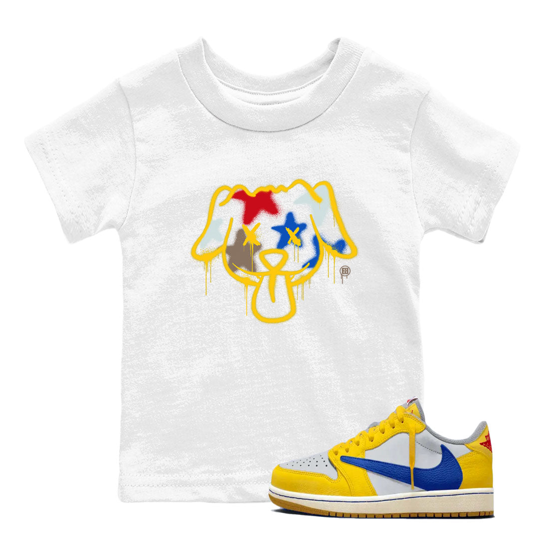 AJ1 Travis Scott Canary shirt to match jordans Graffiti Dog sneaker tees Air Jordan 1 Travis Scott Canary Drip Gear Zone baby toddler White 1 cotton Shirt