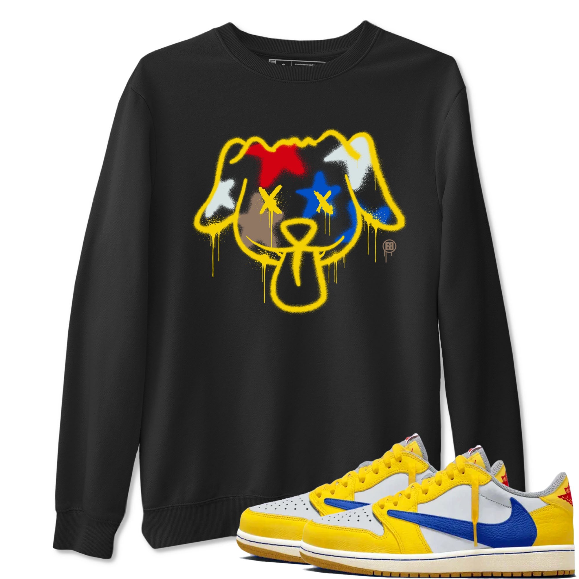 AJ1 Travis Scott Canary shirt to match jordans Graffiti Dog sneaker tees Air Jordan 1 Travis Scott Canary Drip Gear Zone unisex cotton Black 1 crew neck shirt