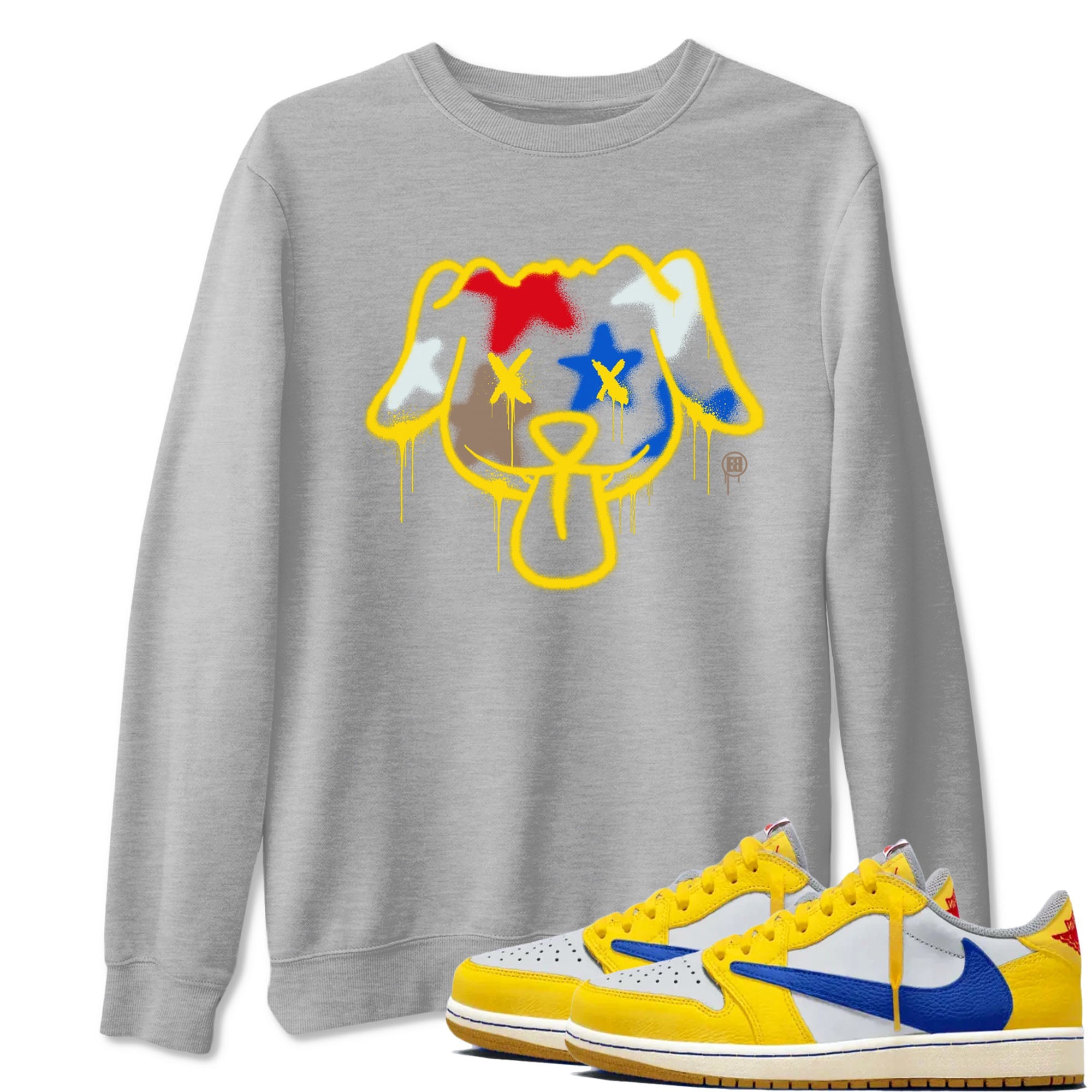 AJ1 Travis Scott Canary shirt to match jordans Graffiti Dog sneaker tees Air Jordan 1 Travis Scott Canary Drip Gear Zone unisex cotton Heather Grey 1 crew neck shirt