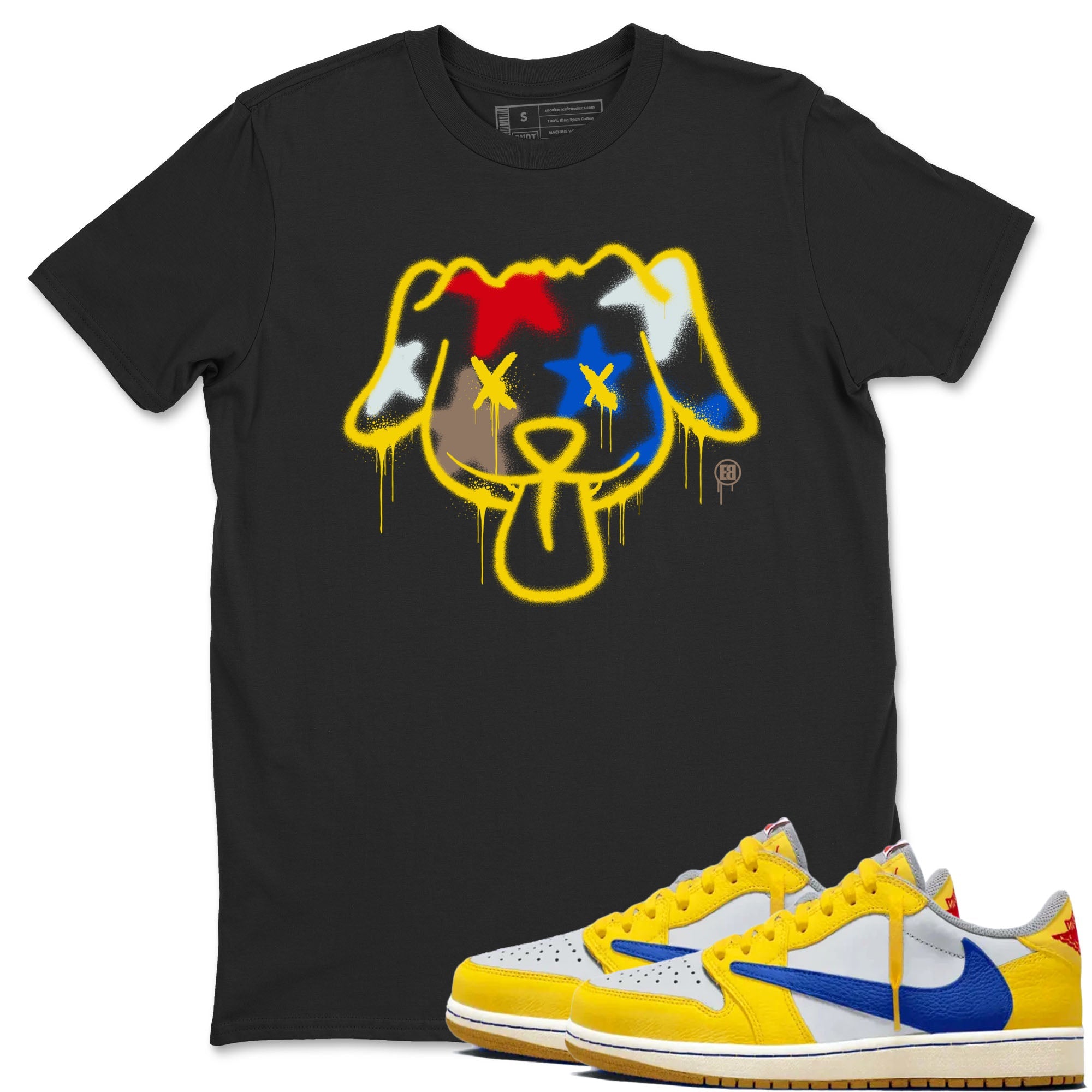 AJ1 Travis Scott Canary shirt to match jordans Graffiti Dog sneaker tees Air Jordan 1 Travis Scott Canary Drip Gear Zone unisex cotton Black 1 crew neck shirt