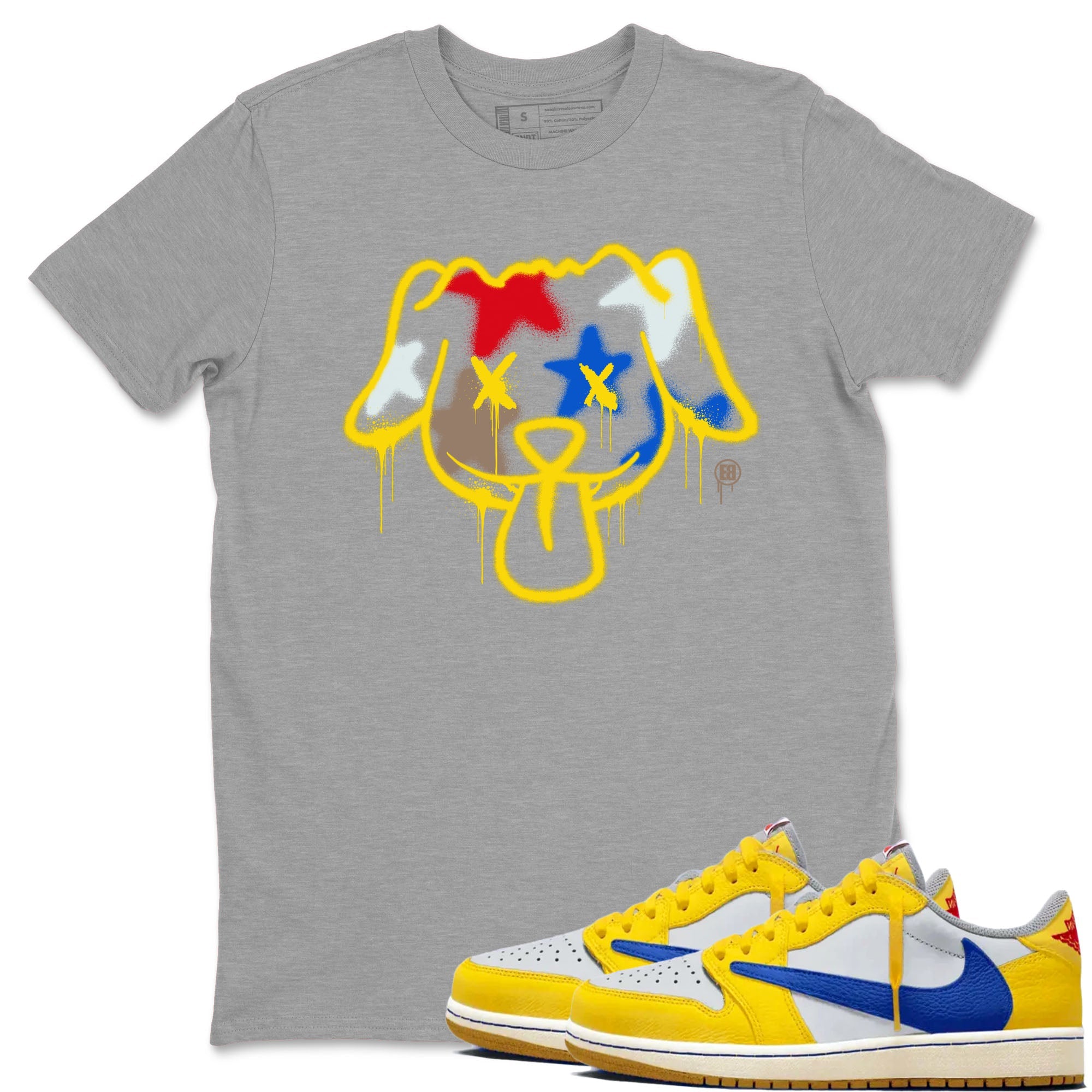 AJ1 Travis Scott Canary shirt to match jordans Graffiti Dog sneaker tees Air Jordan 1 Travis Scott Canary Drip Gear Zone unisex cotton Heather Grey 1 crew neck shirt