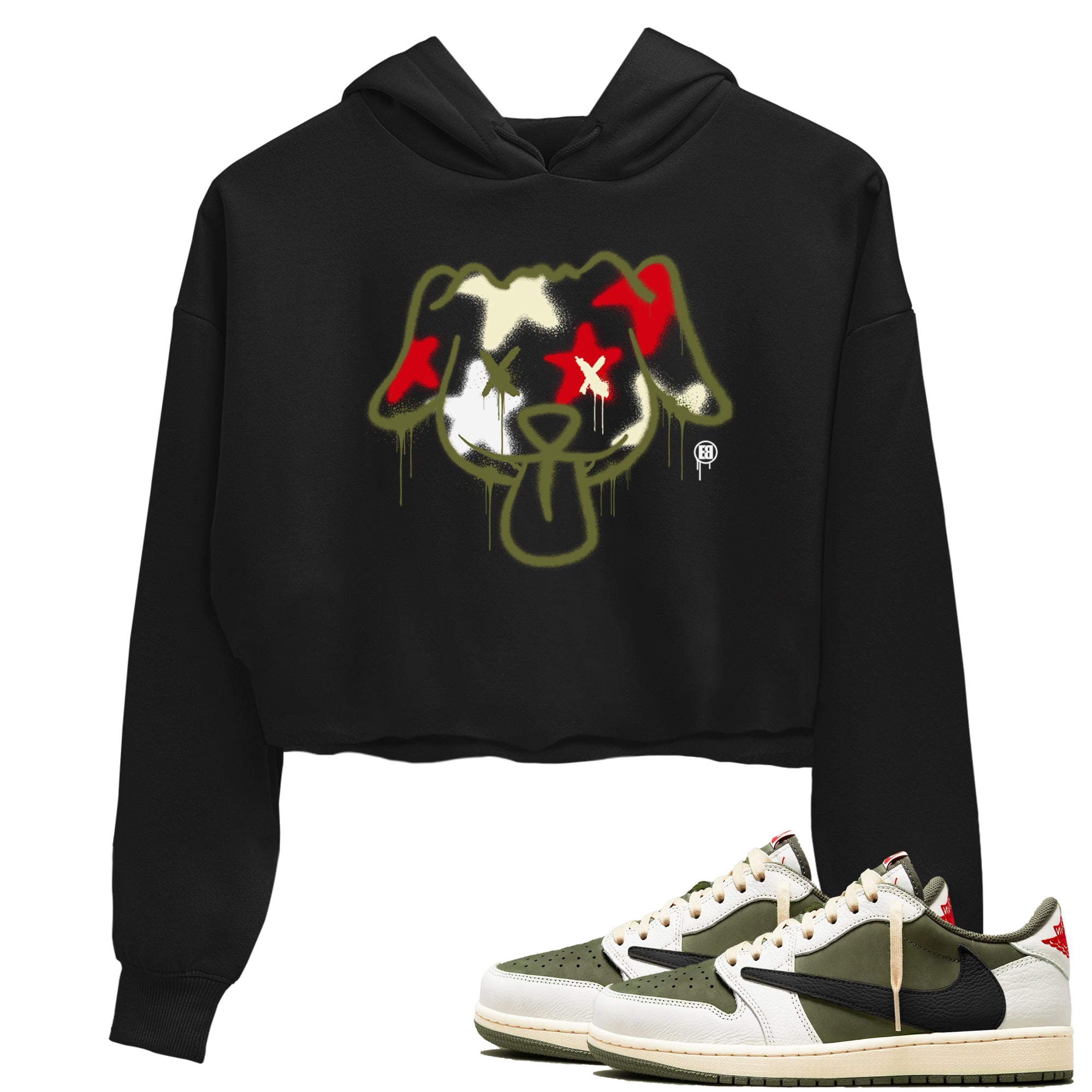 1s Travis Scott Medium Olive shirts to match jordans Graffiti Dog sneaker match tees Air Jordan 1 Travis Scott Medium Olive Drip Gear Zone streetwear brand Black 1 crop tee