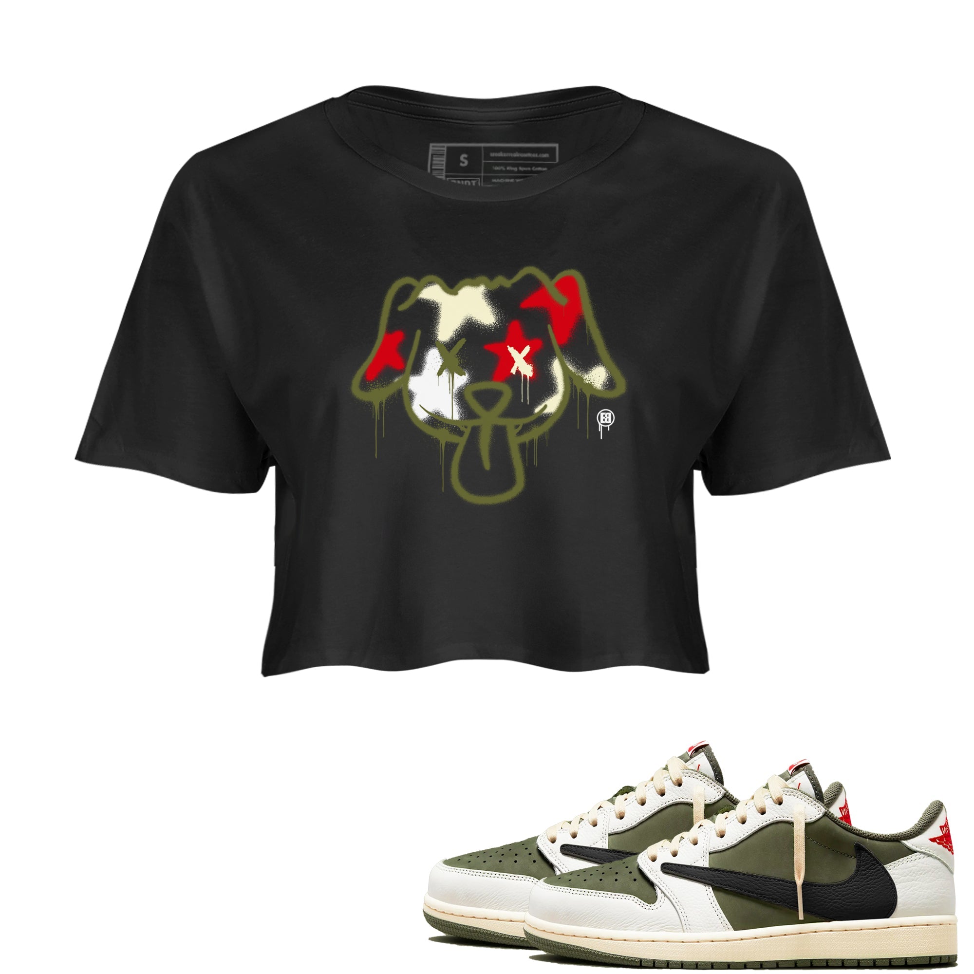1s Travis Scott Medium Olive shirts to match jordans Graffiti Dog sneaker match tees Air Jordan 1 Travis Scott Medium Olive Drip Gear Zone streetwear brand Black 1 crop tee