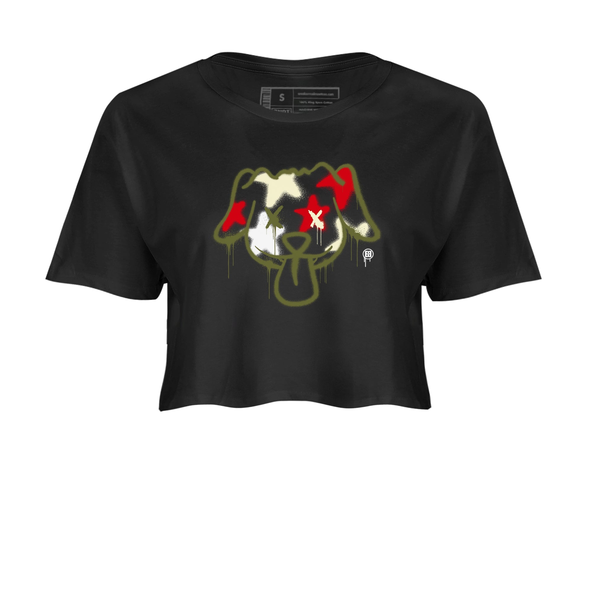 1s Travis Scott Medium Olive shirts to match jordans Graffiti Dog sneaker match tees Air Jordan 1 Travis Scott Medium Olive Drip Gear Zone streetwear brand Black 2 crop tee