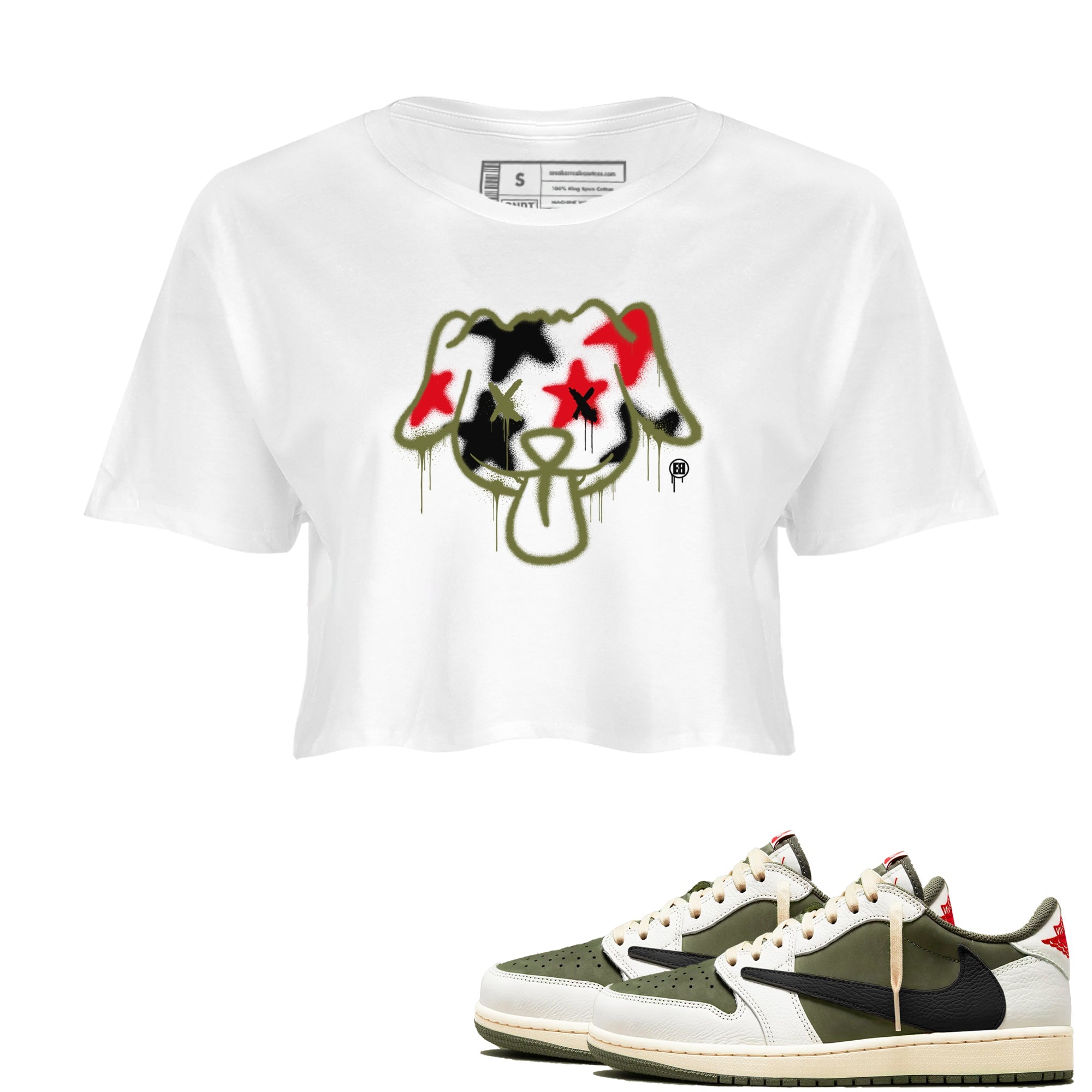 1s Travis Scott Medium Olive shirts to match jordans Graffiti Dog sneaker match tees Air Jordan 1 Travis Scott Medium Olive Drip Gear Zone streetwear brand White 1 crop tee
