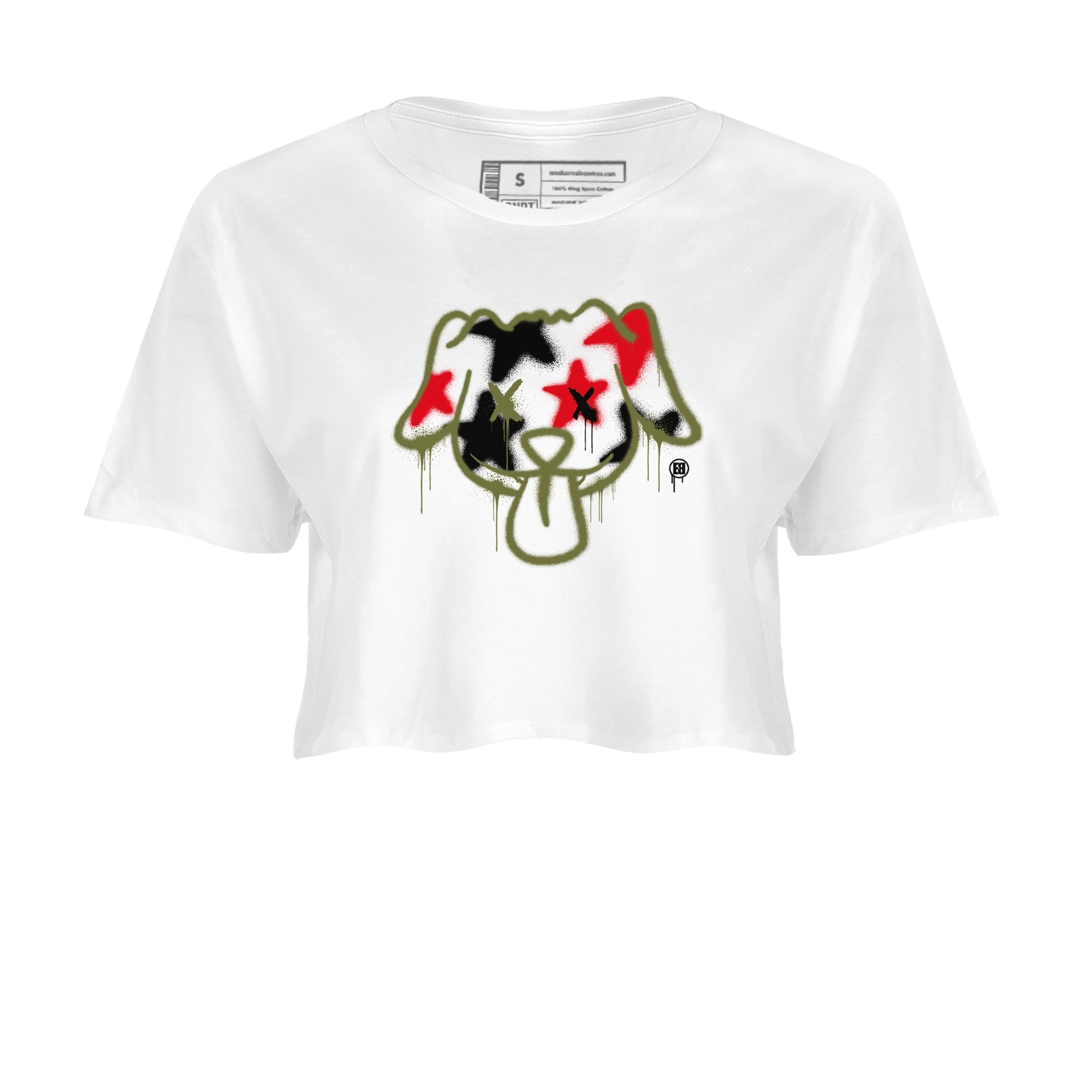 1s Travis Scott Medium Olive shirts to match jordans Graffiti Dog sneaker match tees Air Jordan 1 Travis Scott Medium Olive Drip Gear Zone streetwear brand White 2 crop tee