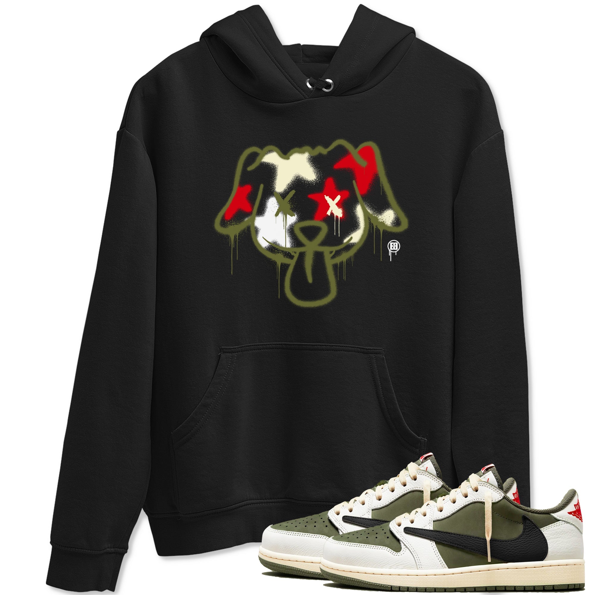 1s Travis Scott Medium Olive shirts to match jordans Graffiti Dog sneaker match tees Air Jordan 1 Travis Scott Medium Olive Drip Gear Zone streetwear brand Black 1 unisex cotton tee