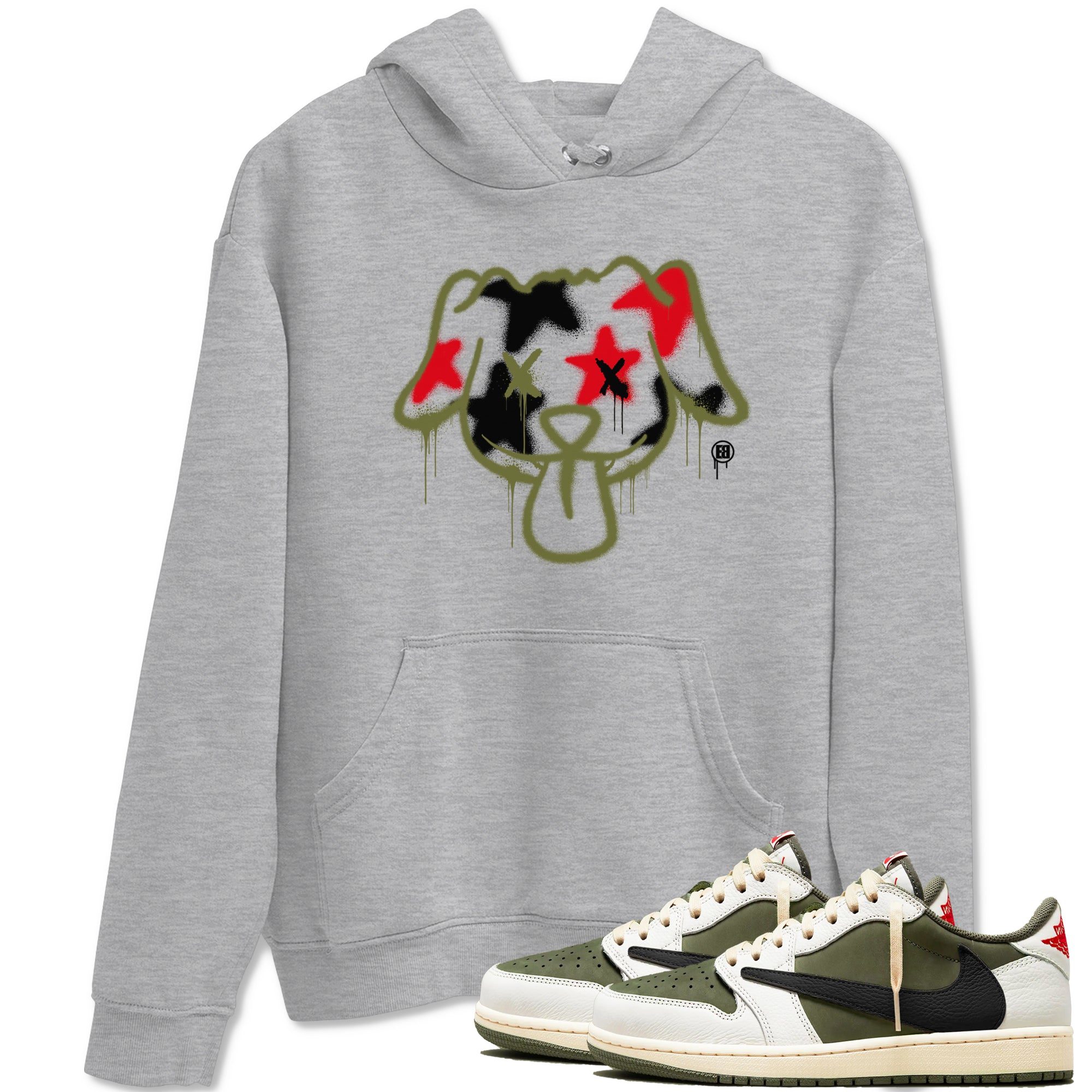 1s Travis Scott Medium Olive shirts to match jordans Graffiti Dog sneaker match tees Air Jordan 1 Travis Scott Medium Olive Drip Gear Zone streetwear brand Heather Grey 1 unisex cotton tee