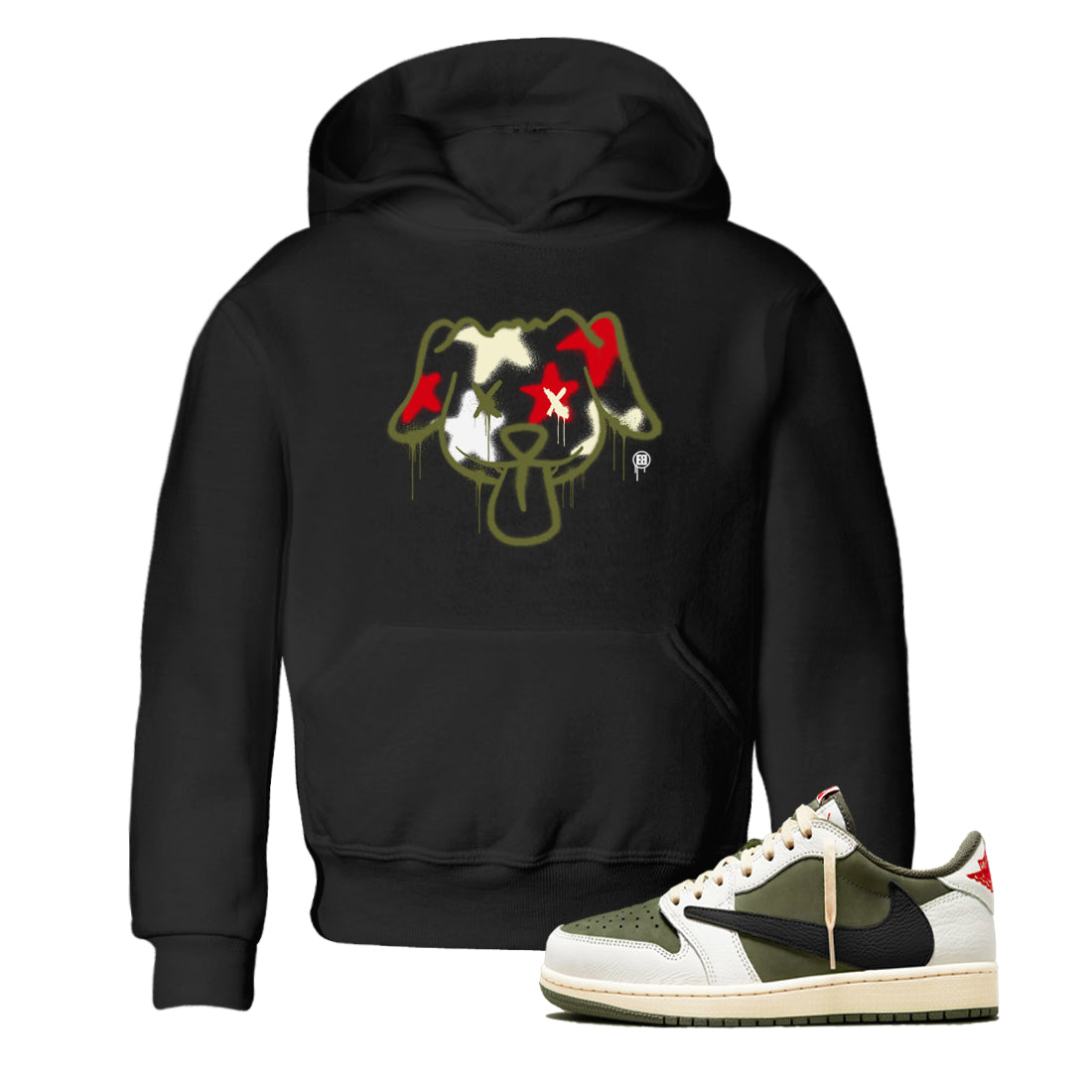 1s Travis Scott Medium Olive shirts to match jordans Graffiti Dog sneaker match tees Air Jordan 1 Travis Scott Medium Olive Drip Gear Zone streetwear brand Baby and Youth Black 1 cotton tee