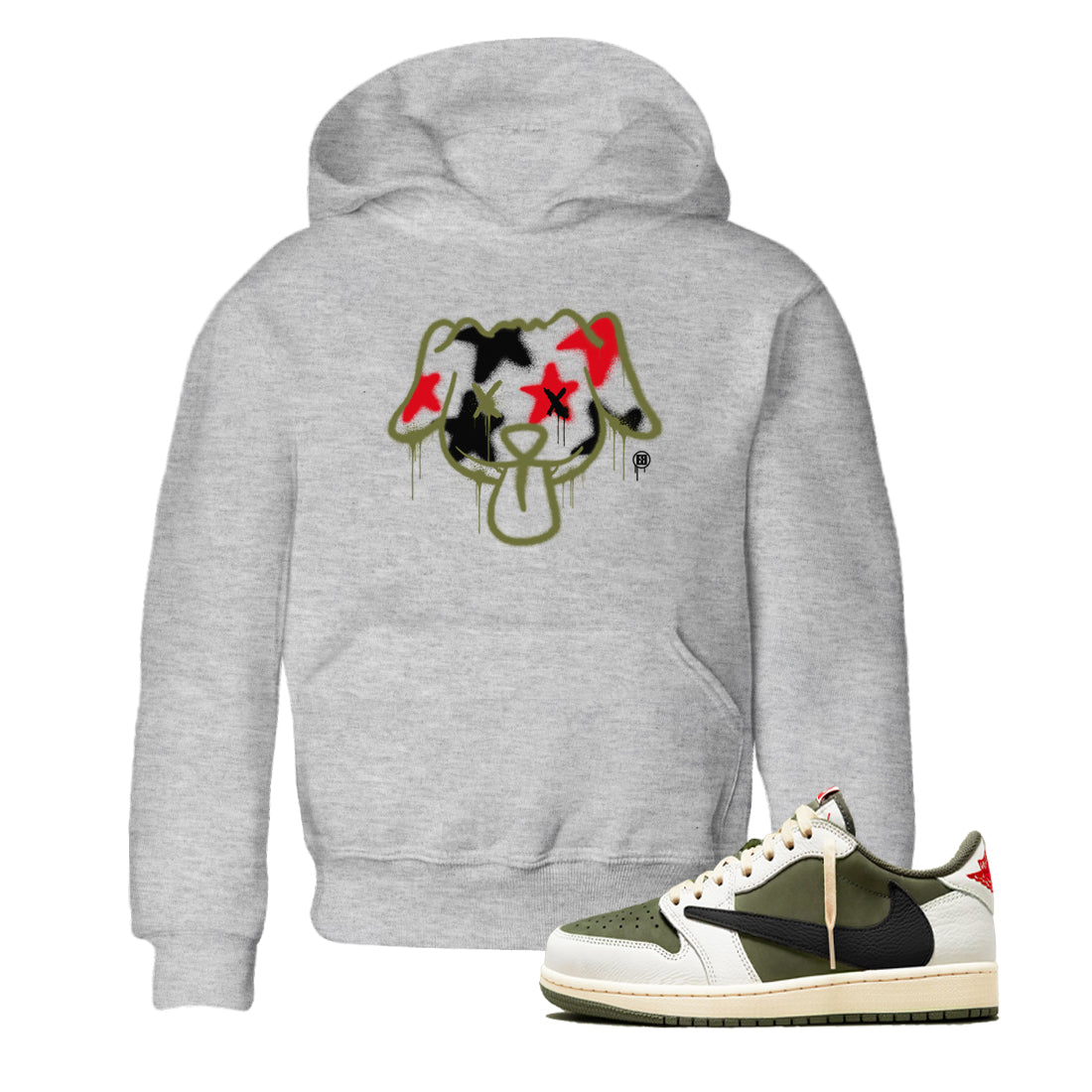 1s Travis Scott Medium Olive shirts to match jordans Graffiti Dog sneaker match tees Air Jordan 1 Travis Scott Medium Olive Drip Gear Zone streetwear brand Baby and Youth Heather Grey 1 cotton tee