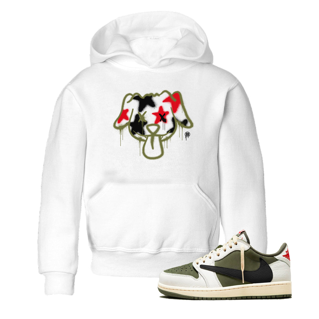 1s Travis Scott Medium Olive shirts to match jordans Graffiti Dog sneaker match tees Air Jordan 1 Travis Scott Medium Olive Drip Gear Zone streetwear brand Baby and Youth White 1 cotton tee