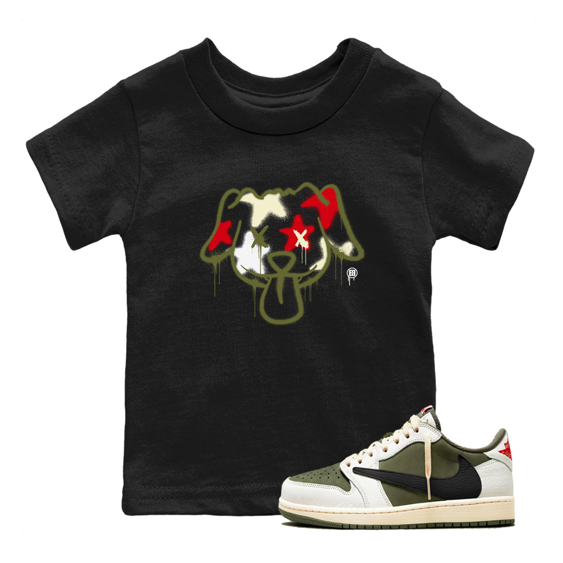 1s Travis Scott Medium Olive shirts to match jordans Graffiti Dog sneaker match tees Air Jordan 1 Travis Scott Medium Olive Drip Gear Zone streetwear brand Baby and Youth Black 1 cotton tee
