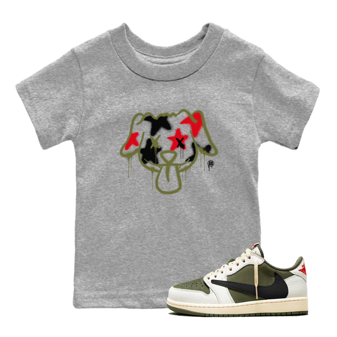 1s Travis Scott Medium Olive shirts to match jordans Graffiti Dog sneaker match tees Air Jordan 1 Travis Scott Medium Olive Drip Gear Zone streetwear brand Baby and Youth Heather Grey 1 cotton tee