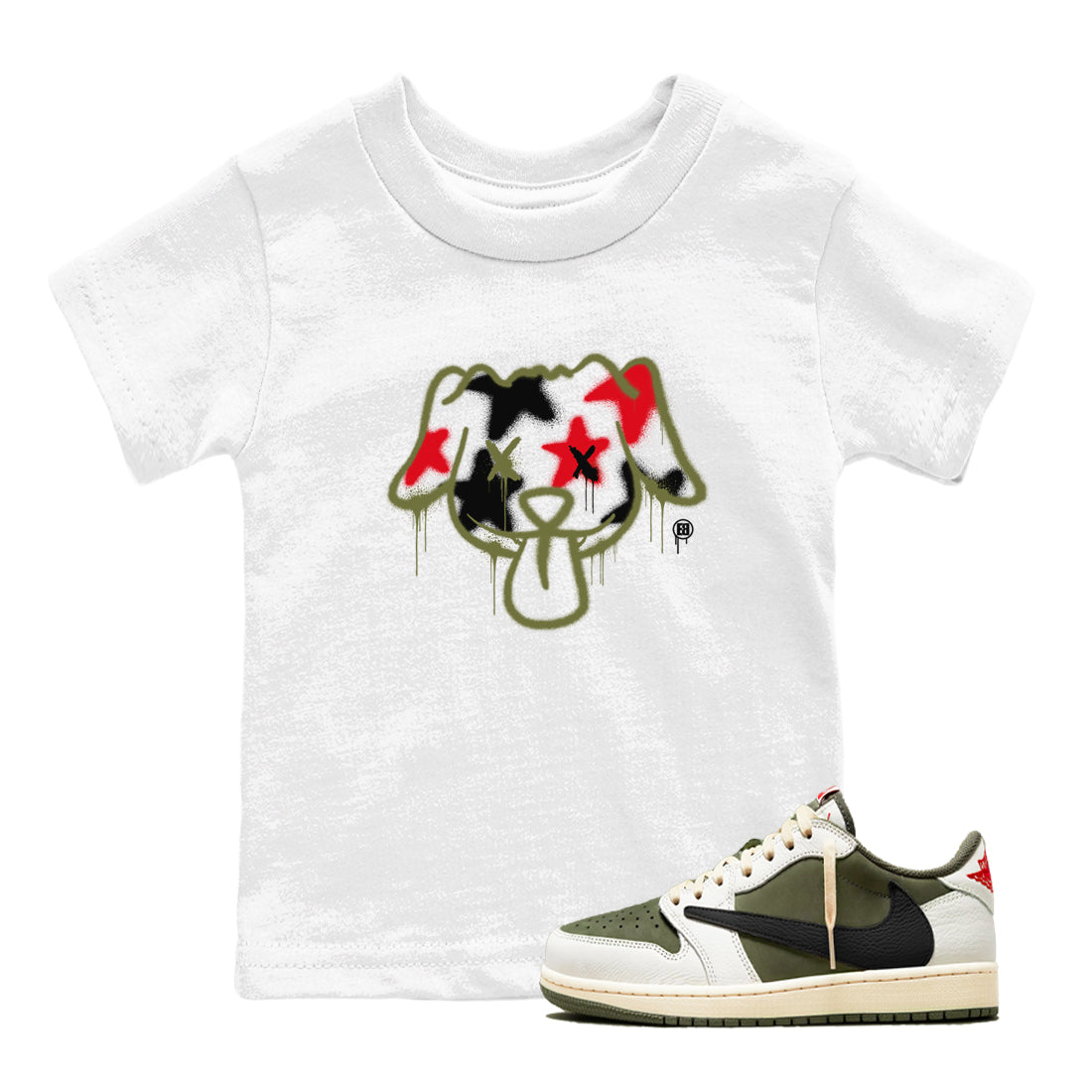 1s Travis Scott Medium Olive shirts to match jordans Graffiti Dog sneaker match tees Air Jordan 1 Travis Scott Medium Olive Drip Gear Zone streetwear brand Baby and Youth White 1 cotton tee