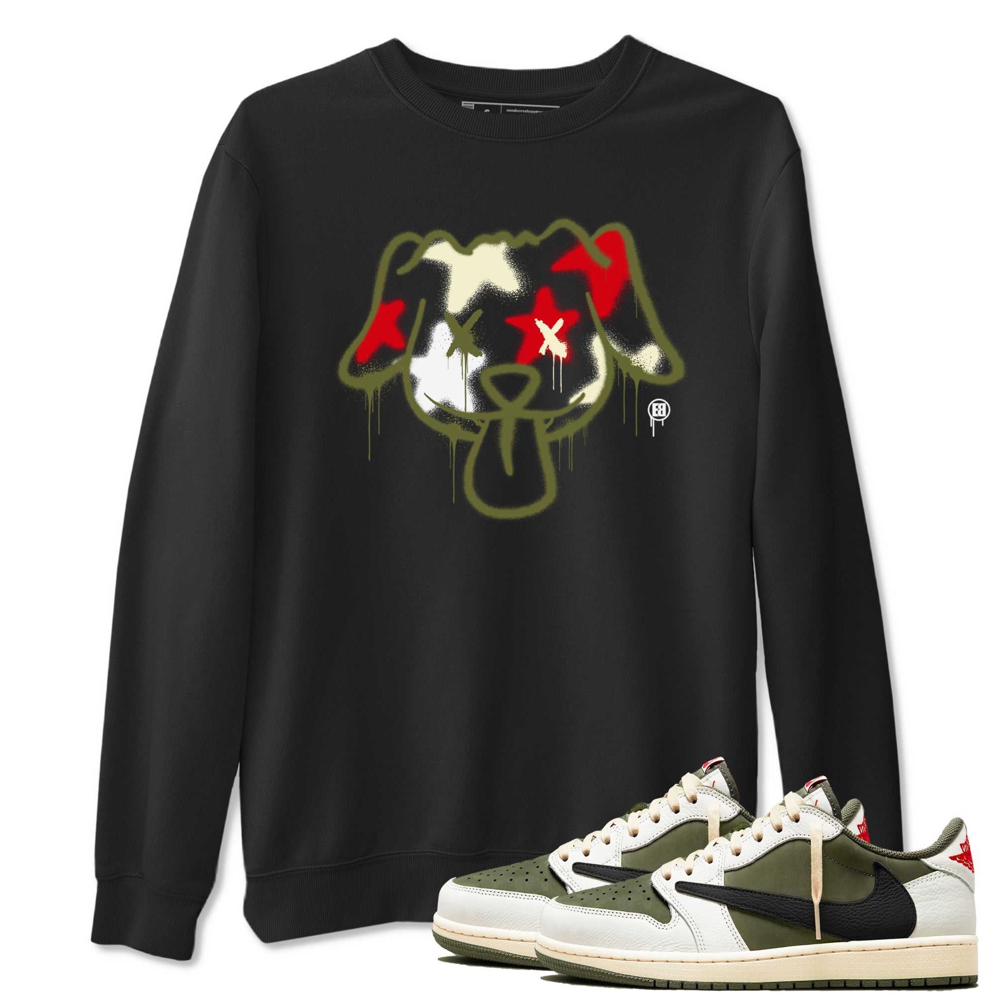 1s Travis Scott Medium Olive shirts to match jordans Graffiti Dog sneaker match tees Air Jordan 1 Travis Scott Medium Olive Drip Gear Zone streetwear brand Black 1 unisex cotton tee