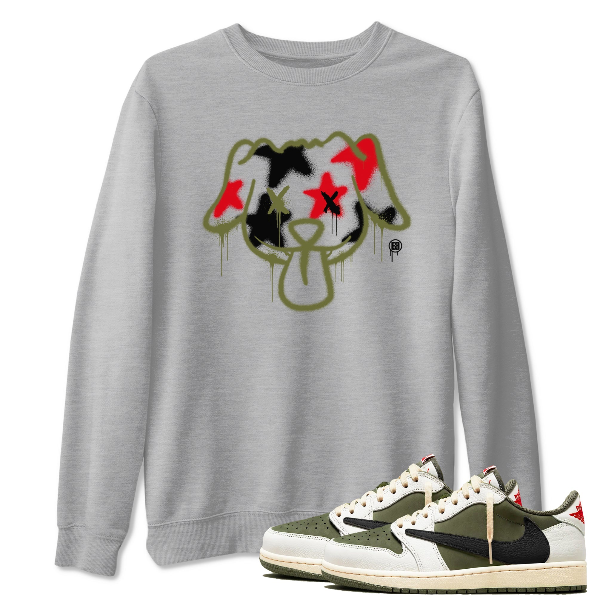 1s Travis Scott Medium Olive shirts to match jordans Graffiti Dog sneaker match tees Air Jordan 1 Travis Scott Medium Olive Drip Gear Zone streetwear brand Heather Grey 1 unisex cotton tee