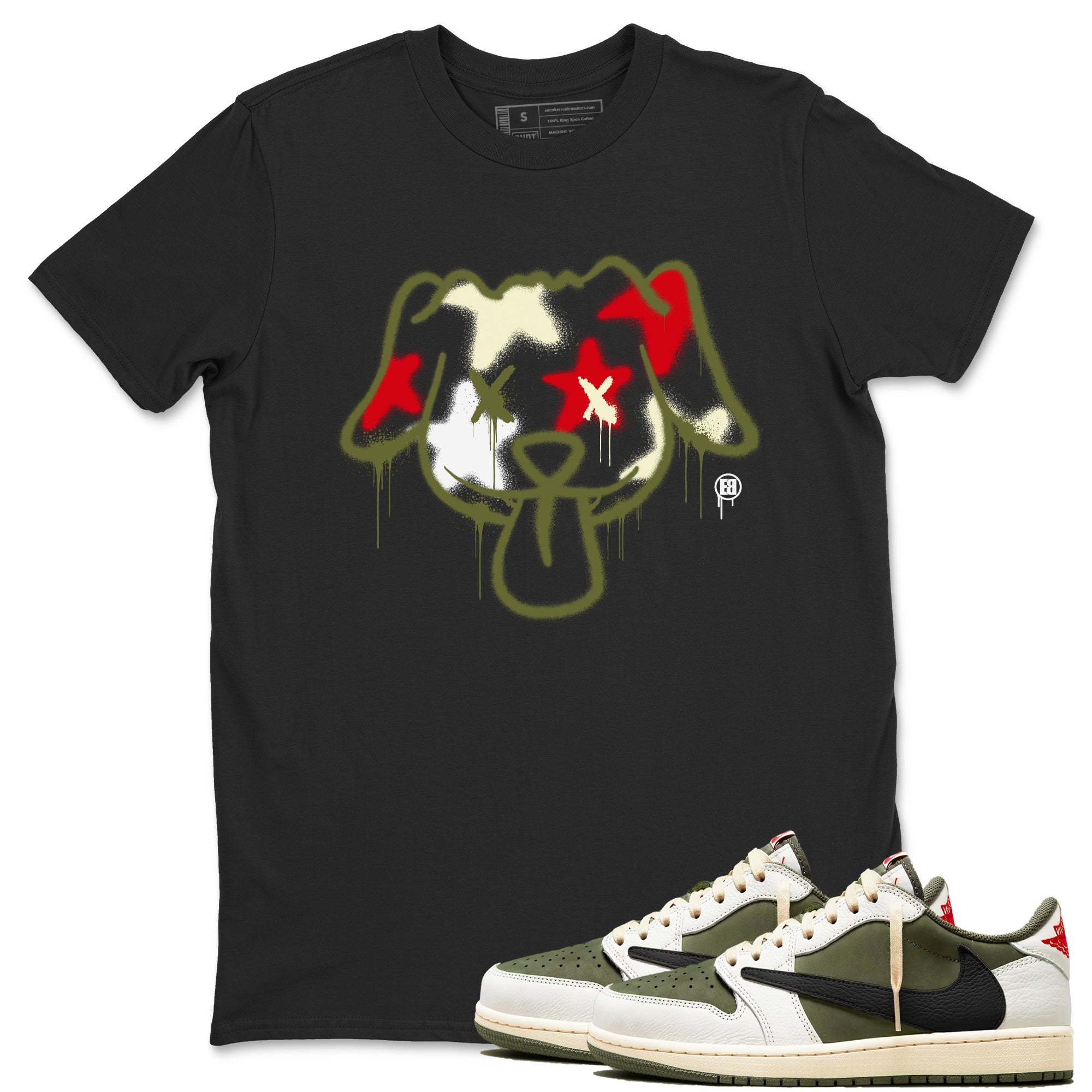 1s Travis Scott Medium Olive shirts to match jordans Graffiti Dog sneaker match tees Air Jordan 1 Travis Scott Medium Olive Drip Gear Zone streetwear brand Black 1 unisex cotton tee