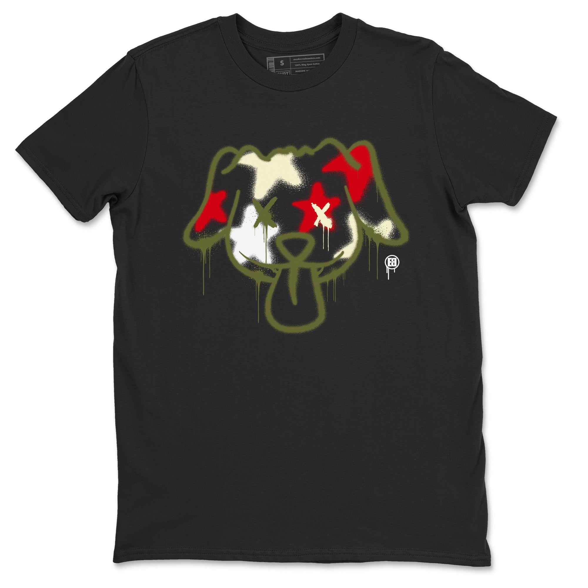 1s Travis Scott Medium Olive shirts to match jordans Graffiti Dog sneaker match tees Air Jordan 1 Travis Scott Medium Olive Drip Gear Zone streetwear brand Black 2 unisex cotton tee