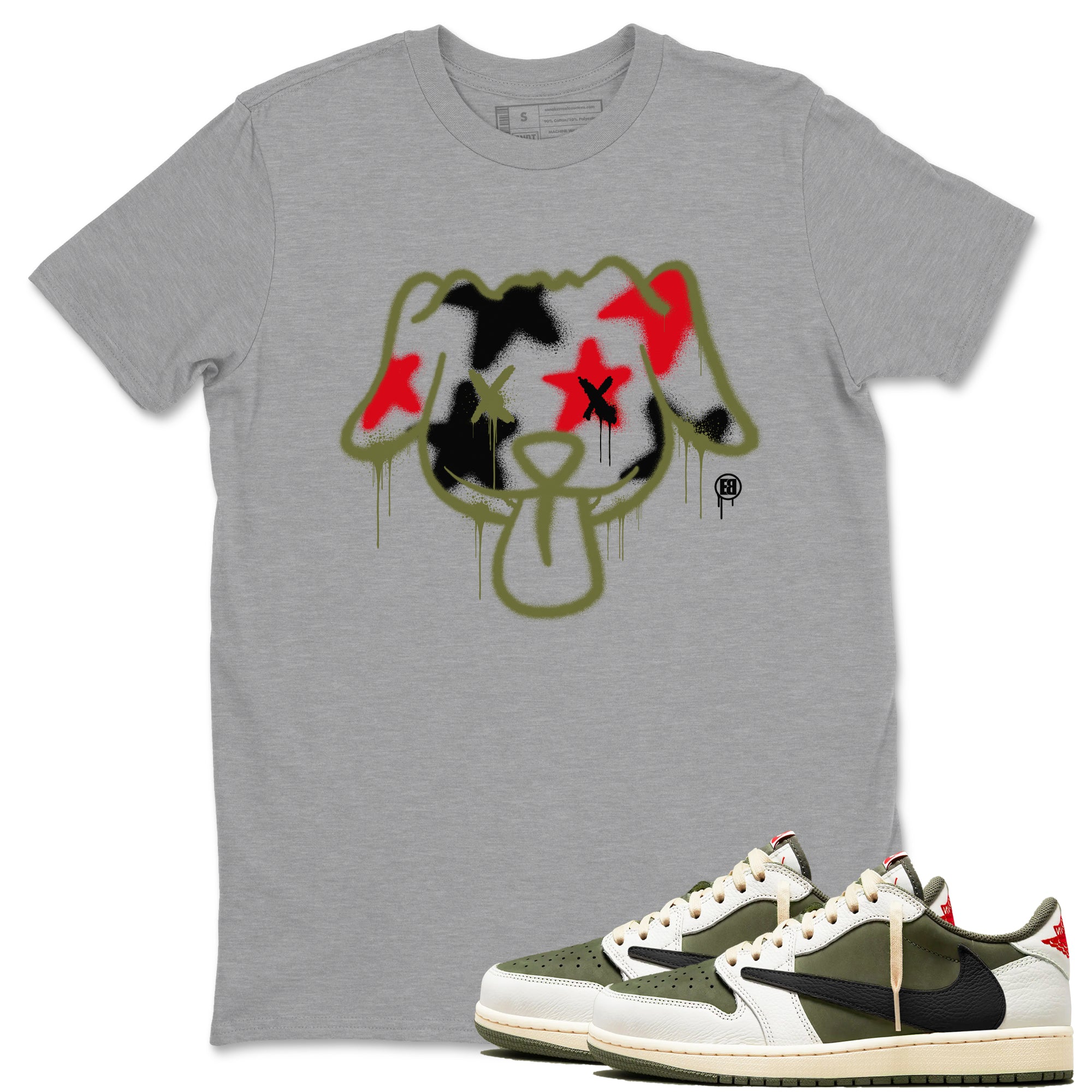 1s Travis Scott Medium Olive shirts to match jordans Graffiti Dog sneaker match tees Air Jordan 1 Travis Scott Medium Olive Drip Gear Zone streetwear brand Heather Grey 1 unisex cotton tee
