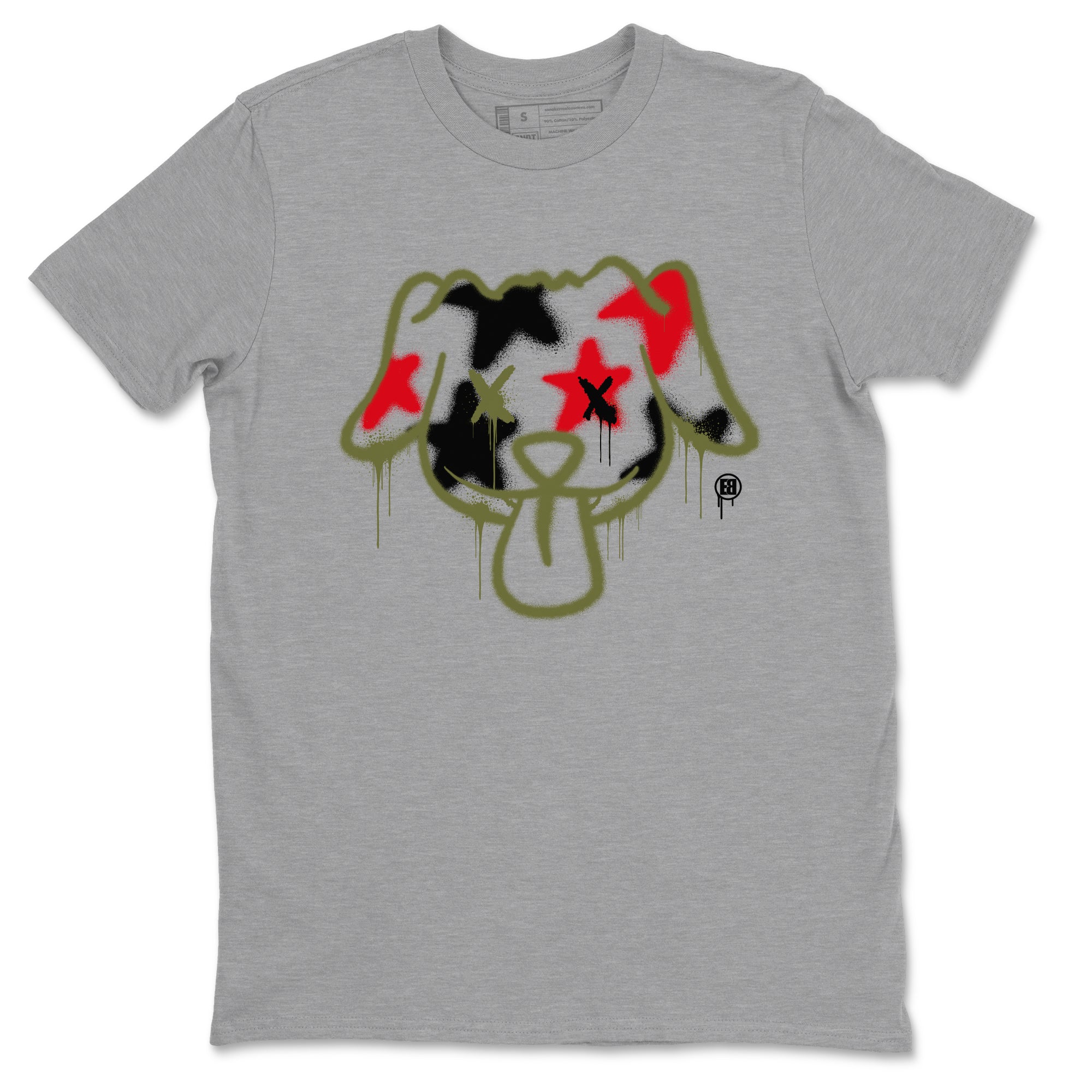 1s Travis Scott Medium Olive shirts to match jordans Graffiti Dog sneaker match tees Air Jordan 1 Travis Scott Medium Olive Drip Gear Zone streetwear brand Heather Grey 2 unisex cotton tee
