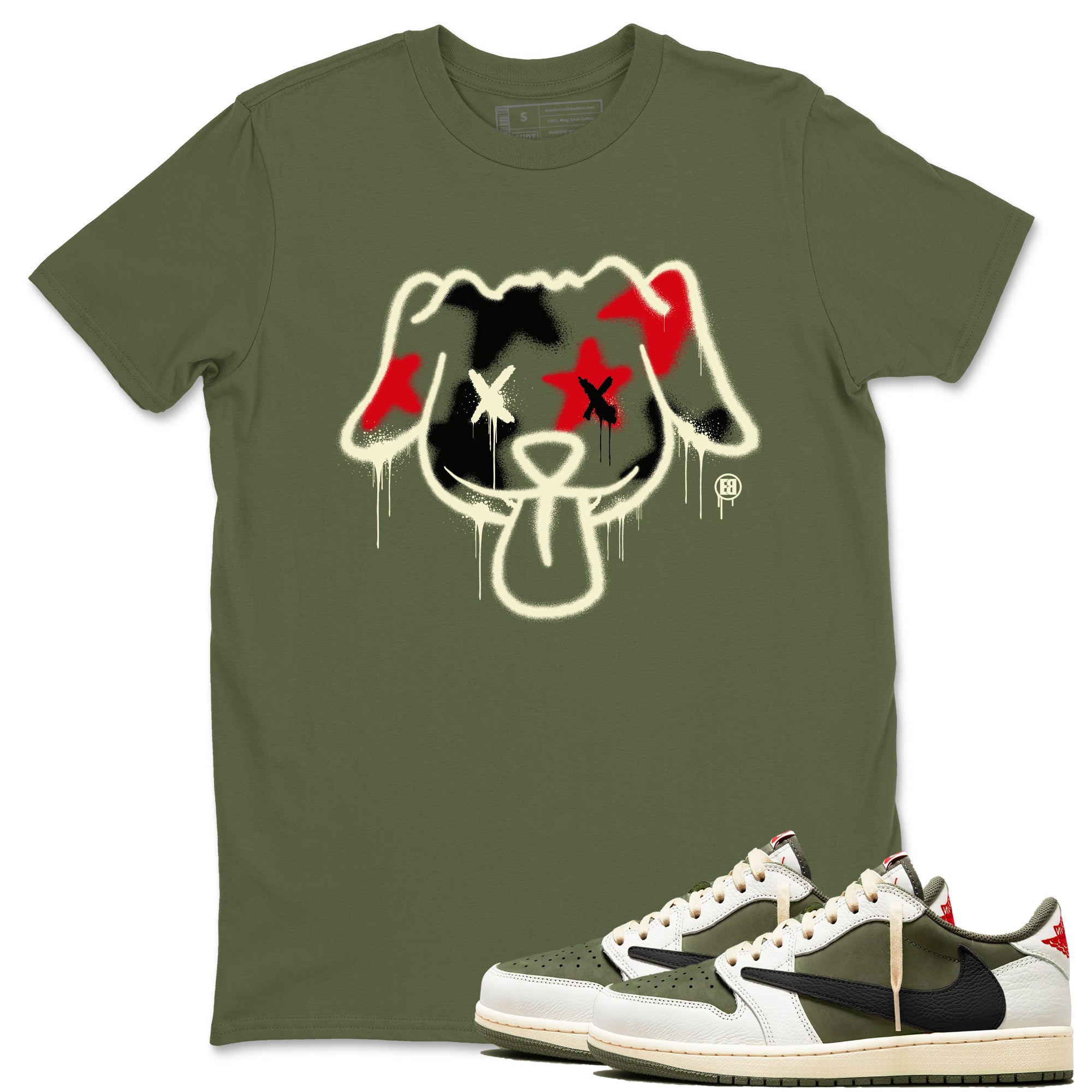 1s Travis Scott Medium Olive shirts to match jordans Graffiti Dog sneaker match tees Air Jordan 1 Travis Scott Medium Olive Drip Gear Zone streetwear brand Military Green 1 unisex cotton tee
