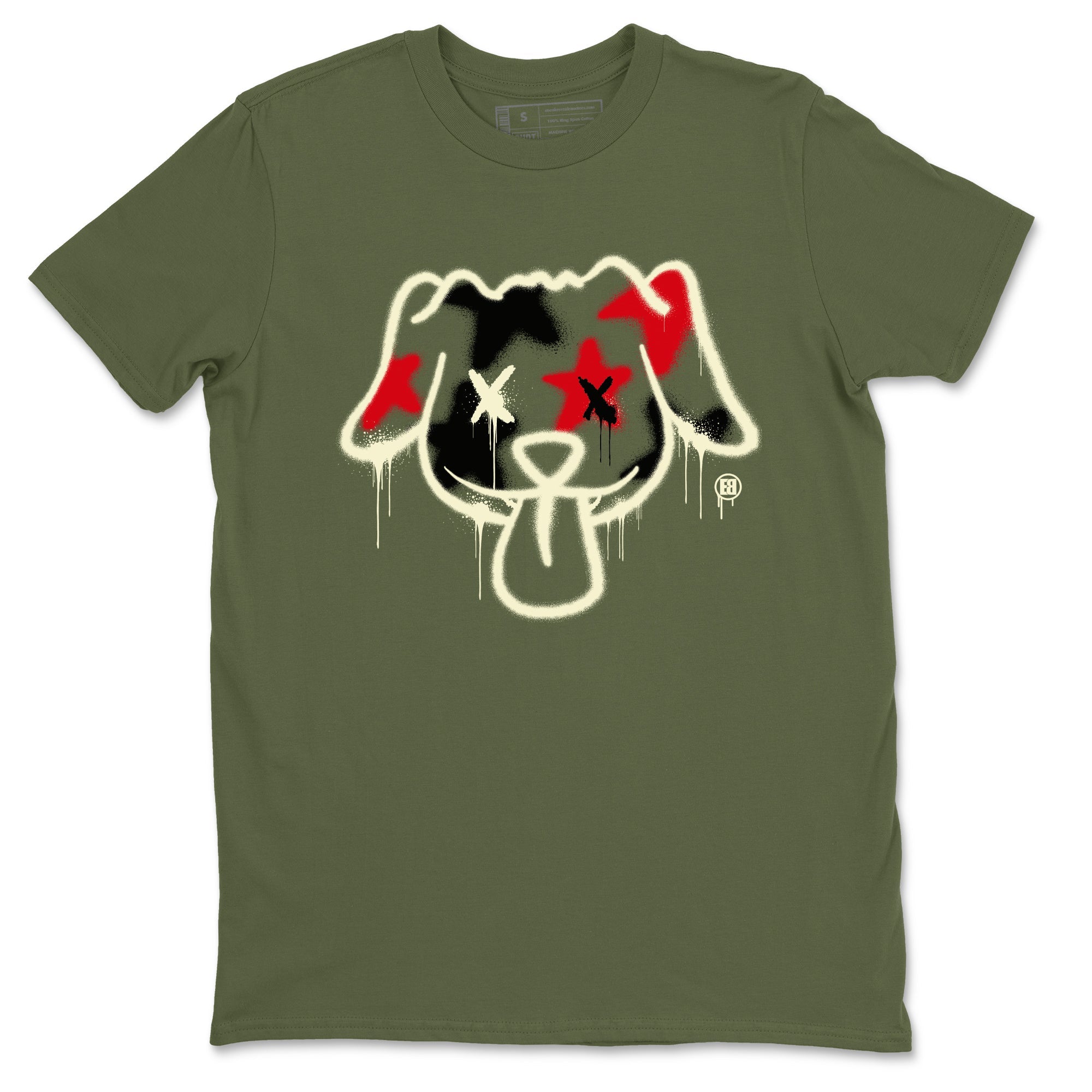 1s Travis Scott Medium Olive shirts to match jordans Graffiti Dog sneaker match tees Air Jordan 1 Travis Scott Medium Olive Drip Gear Zone streetwear brand Military Green 2 unisex cotton tee